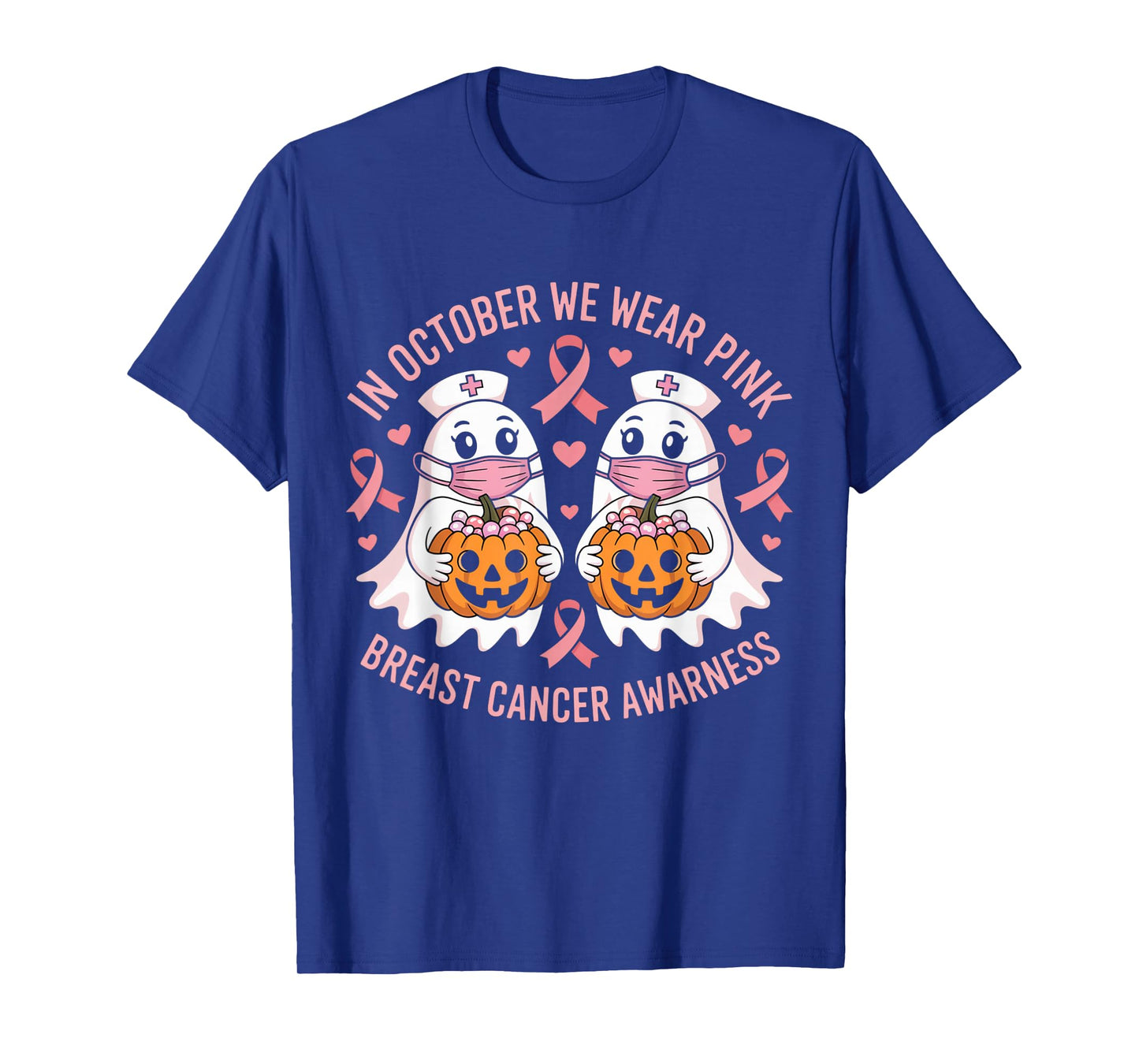 in October We Wear Pink Ghost Witch Breast Cancer Awareness T-Shirt