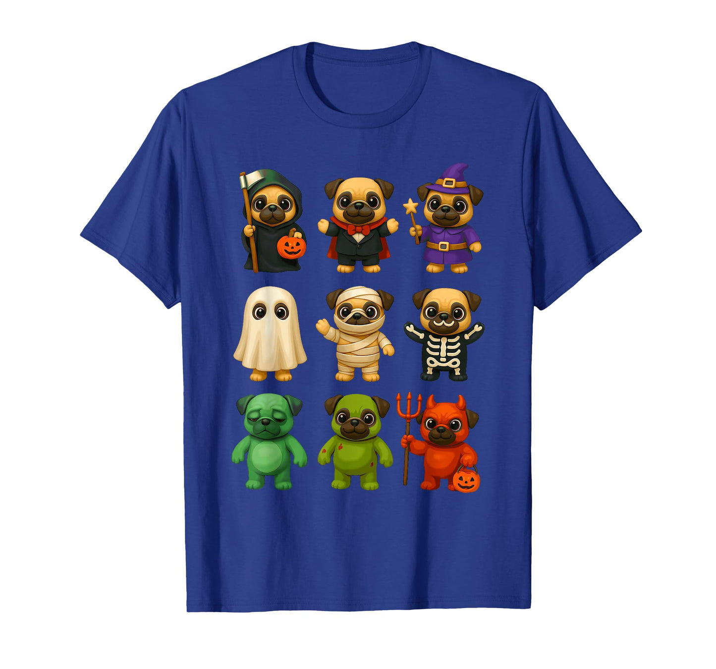Cute Pug Dogs Witch Pumpkin Skeleton Costume Happy Halloween T-Shirt