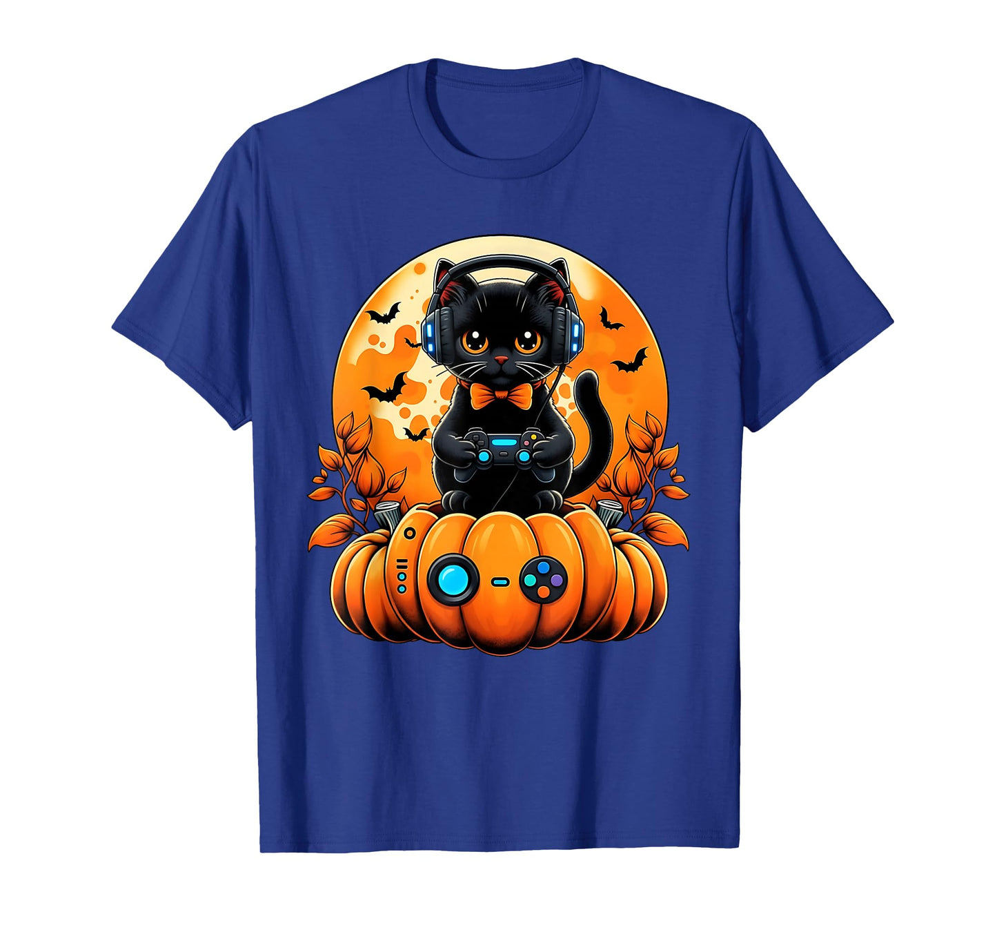 Retro Gamer Black Cat Pumpkin Halloween Fall Autumn Season T-Shirt