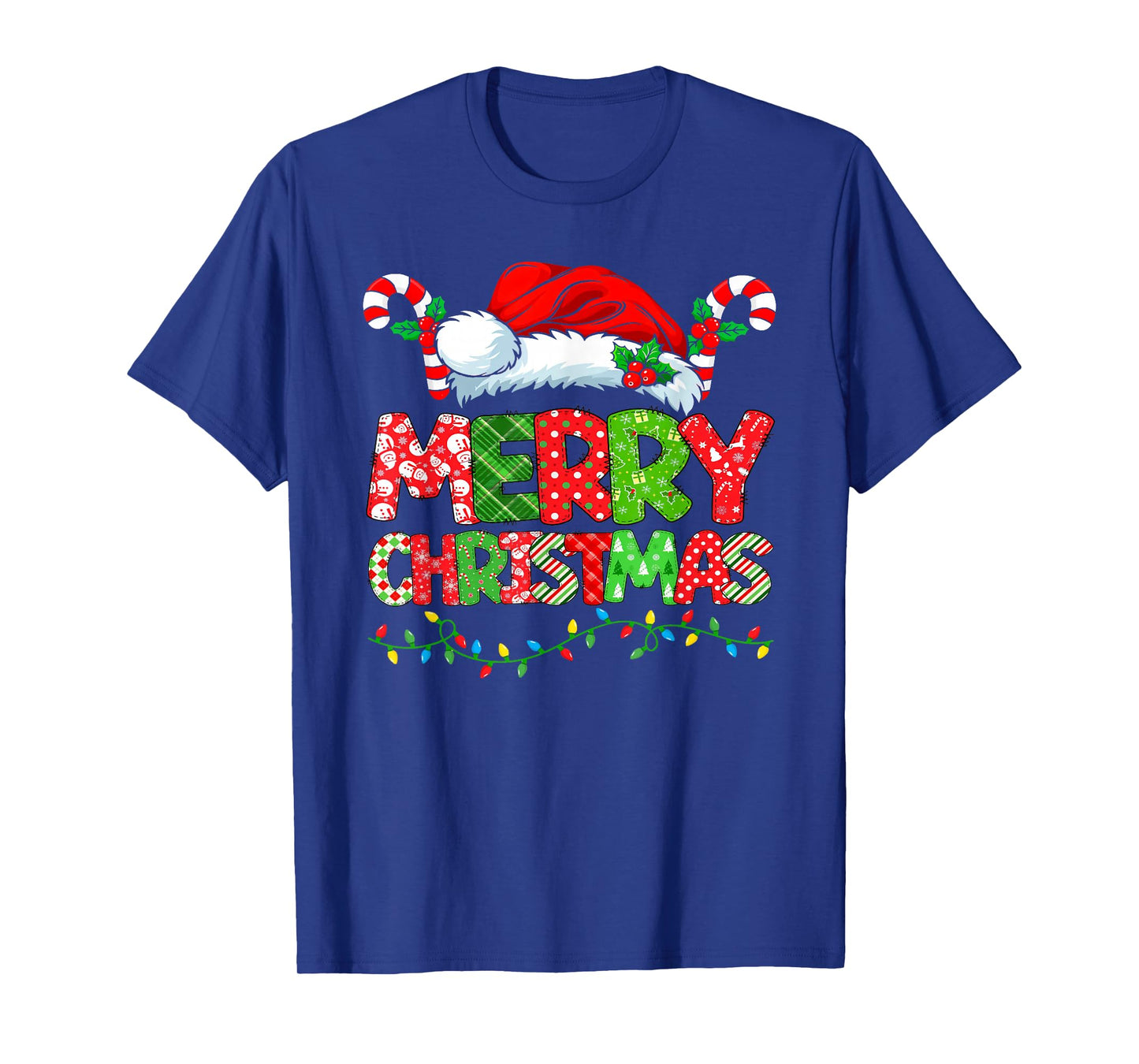 Merry Christmas Santa Hat Candy Cane Festive Holiday Lights T-Shirt
