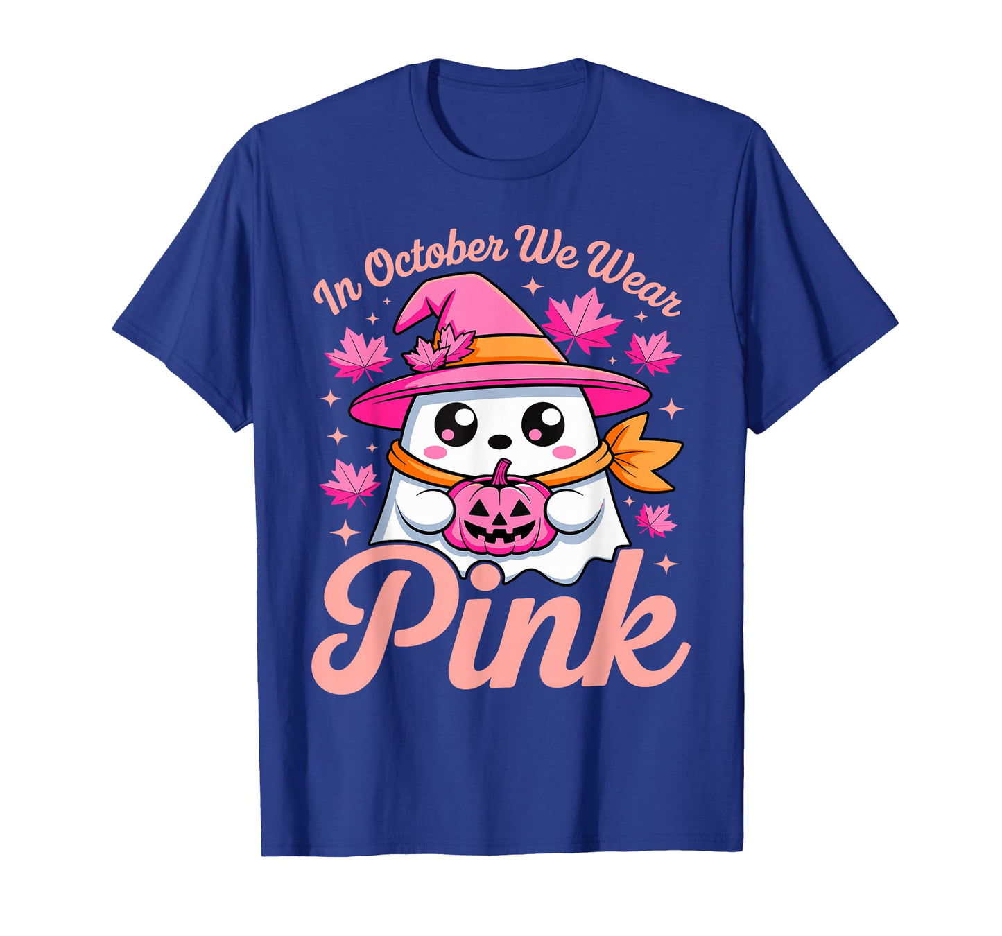 in October We Wear Pink Breast Cancer Awareness Witch Ghost T-Shirt