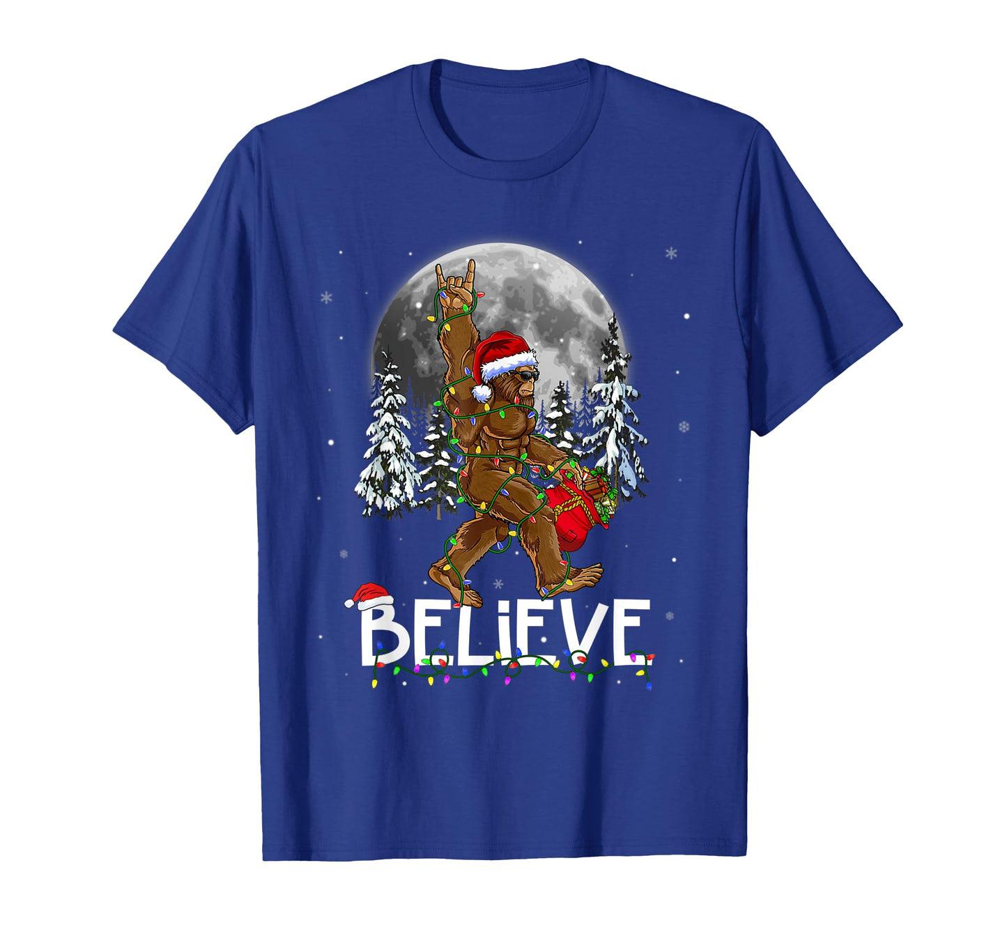 Santa Bigfoot Christmas Lights Funny Sasquatch Believe Xmas T-Shirt