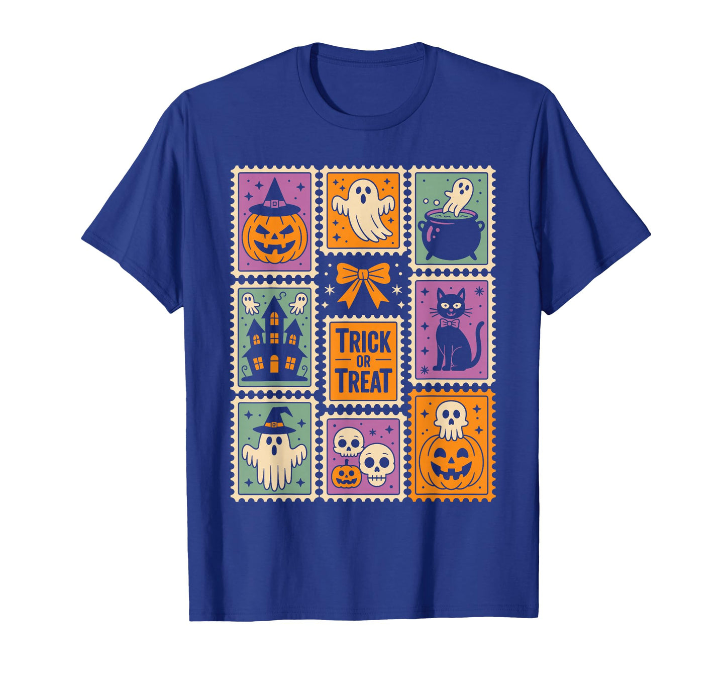 Halloween Stamps Spooky Pumpkin Ghost Cat Witch Skeleton T-Shirt