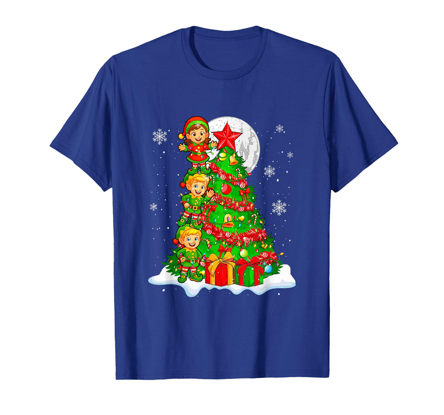 Three Cute Elf Decorating Christmas Tree Colorful Lights T-Shirt
