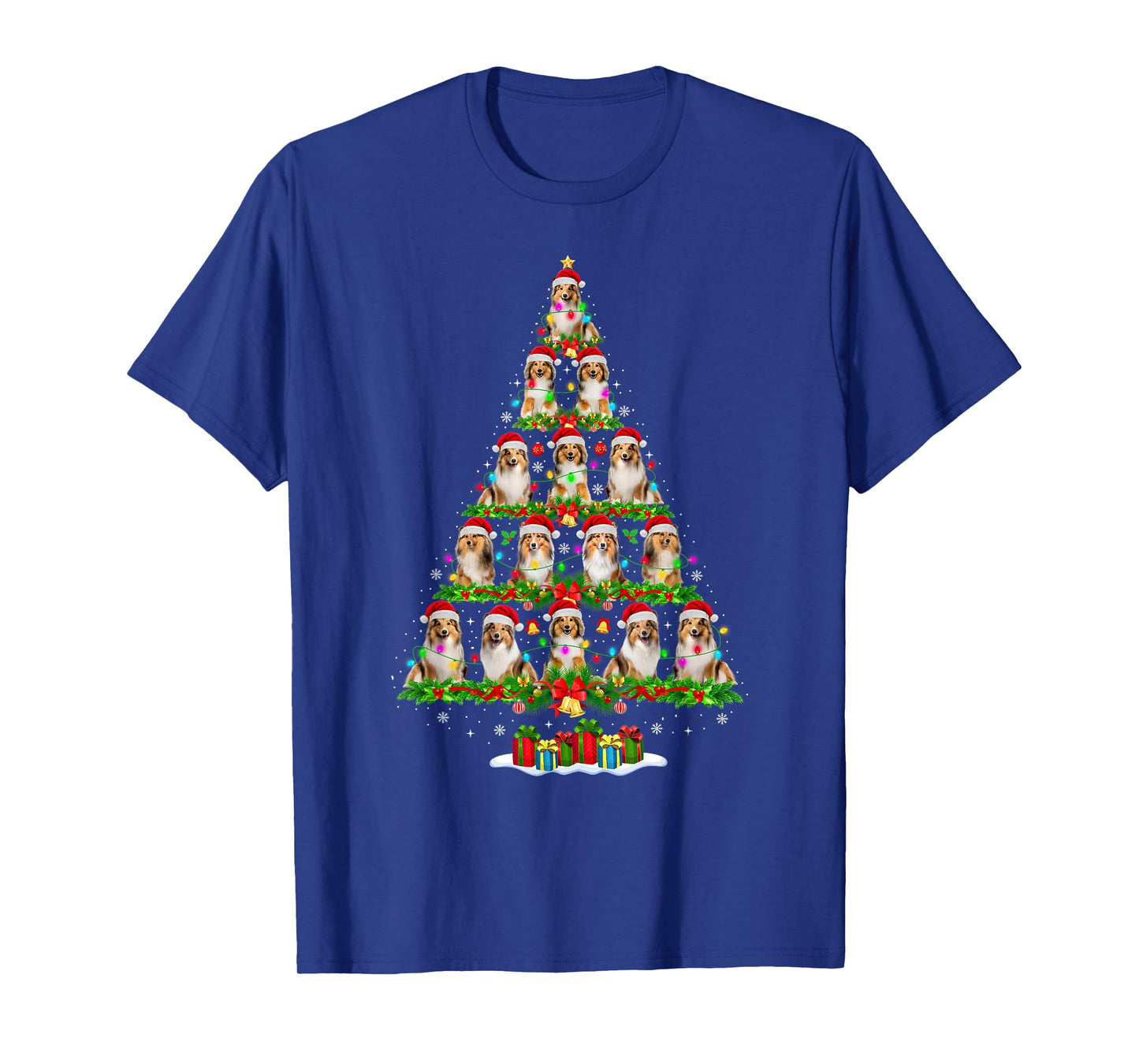 Sheltie Dog Christmas Tree Lights Funny Family Xmas Pajamas T-Shirt