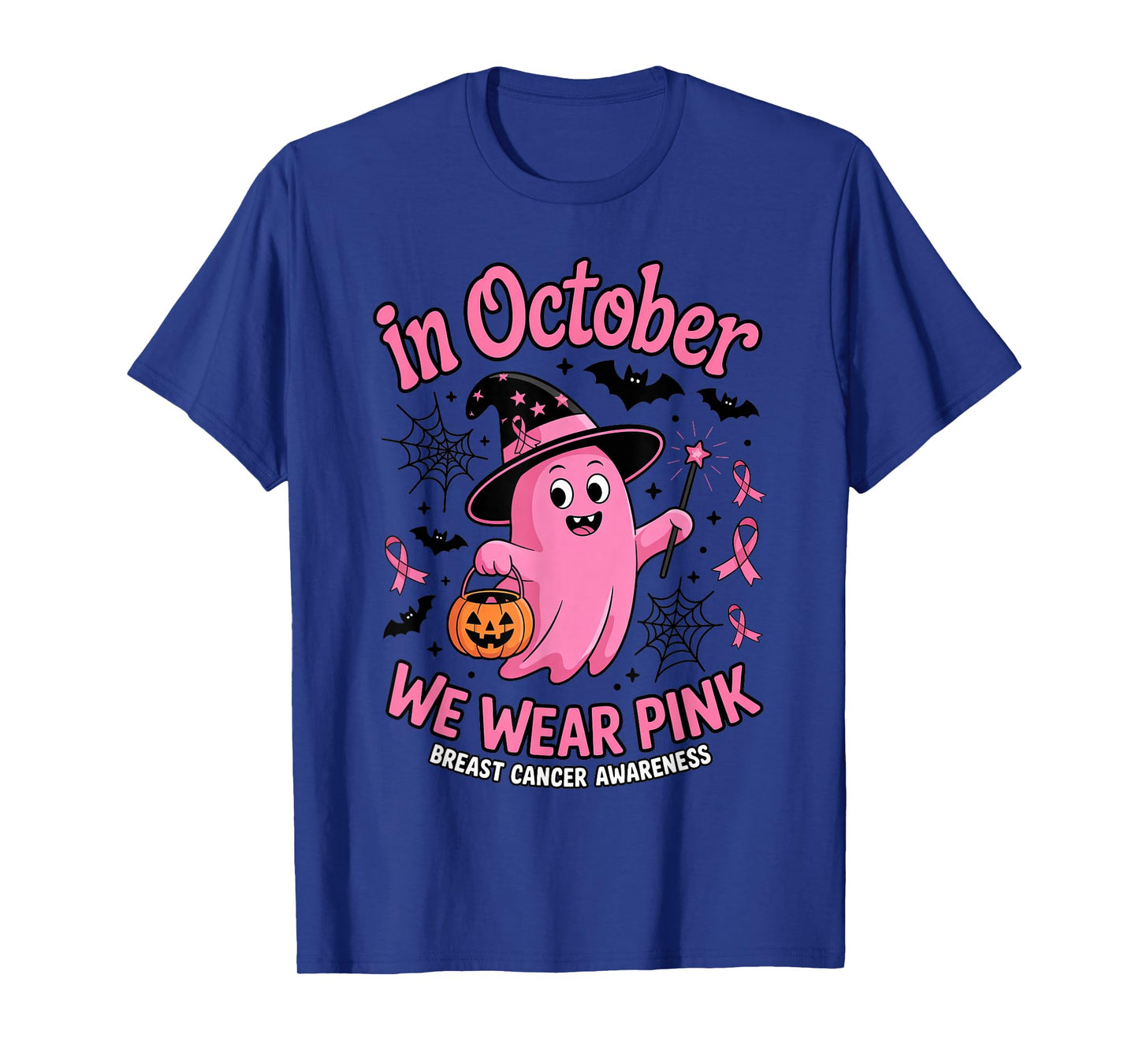 Ghost Witch in October We Wear Pink Halloween Breast Cancer T-Shirt