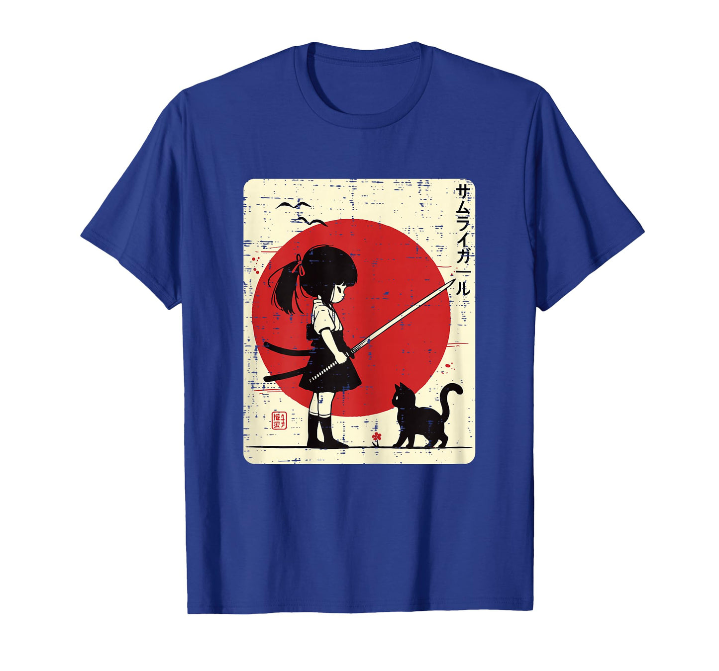 Japanese Samurai Girl Black Cat Kawaii Anime Girls Kid Women T-Shirt
