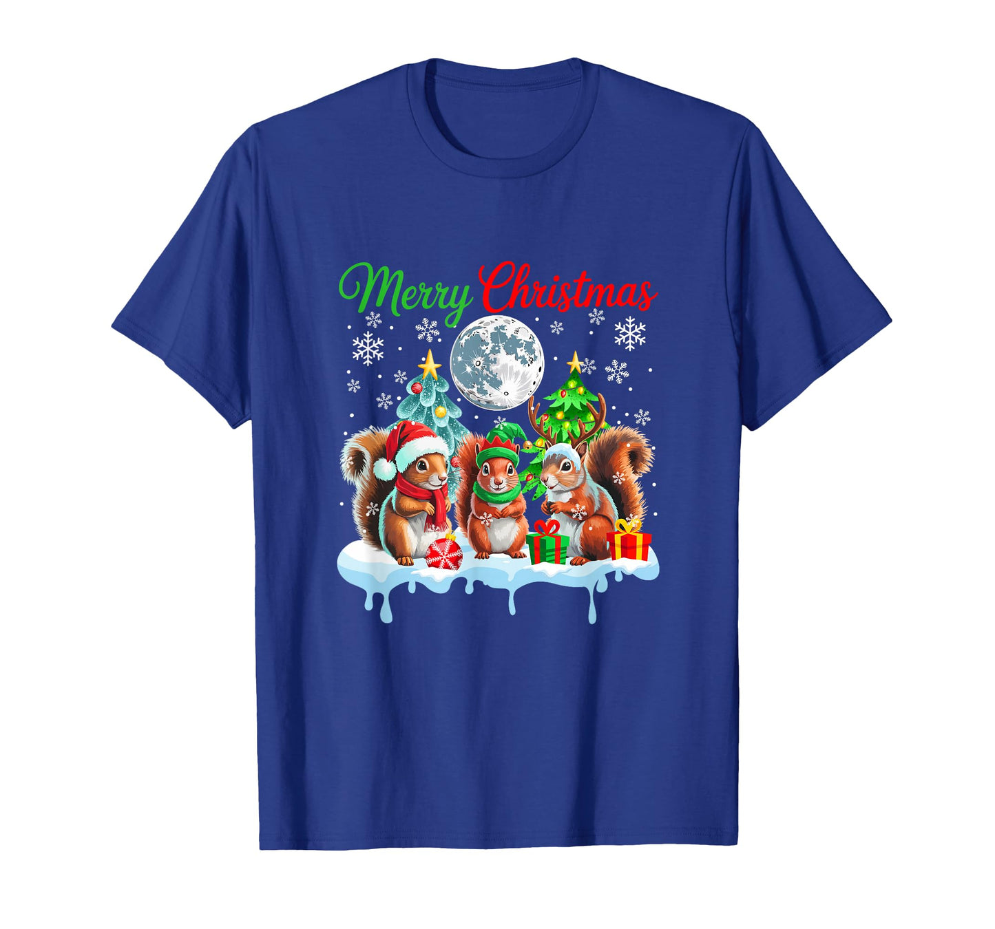 Merry Christmas Three Santa Elf Reindeer Squirrels Rodent T-Shirt