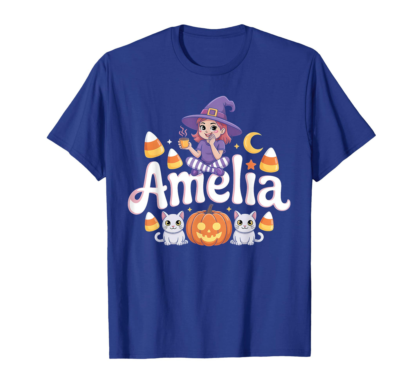 Amelia Witch Candy Corn Cat Halloween Women and Girls T-Shirt