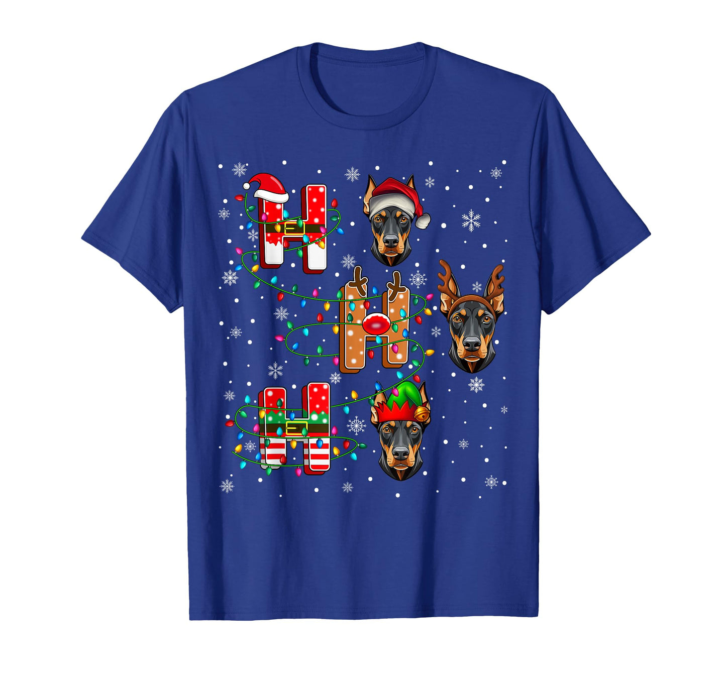 Ho Ho Ho Santa Reindeer Hat Elf Doberman Pinscher Dog Xmas T-Shirt