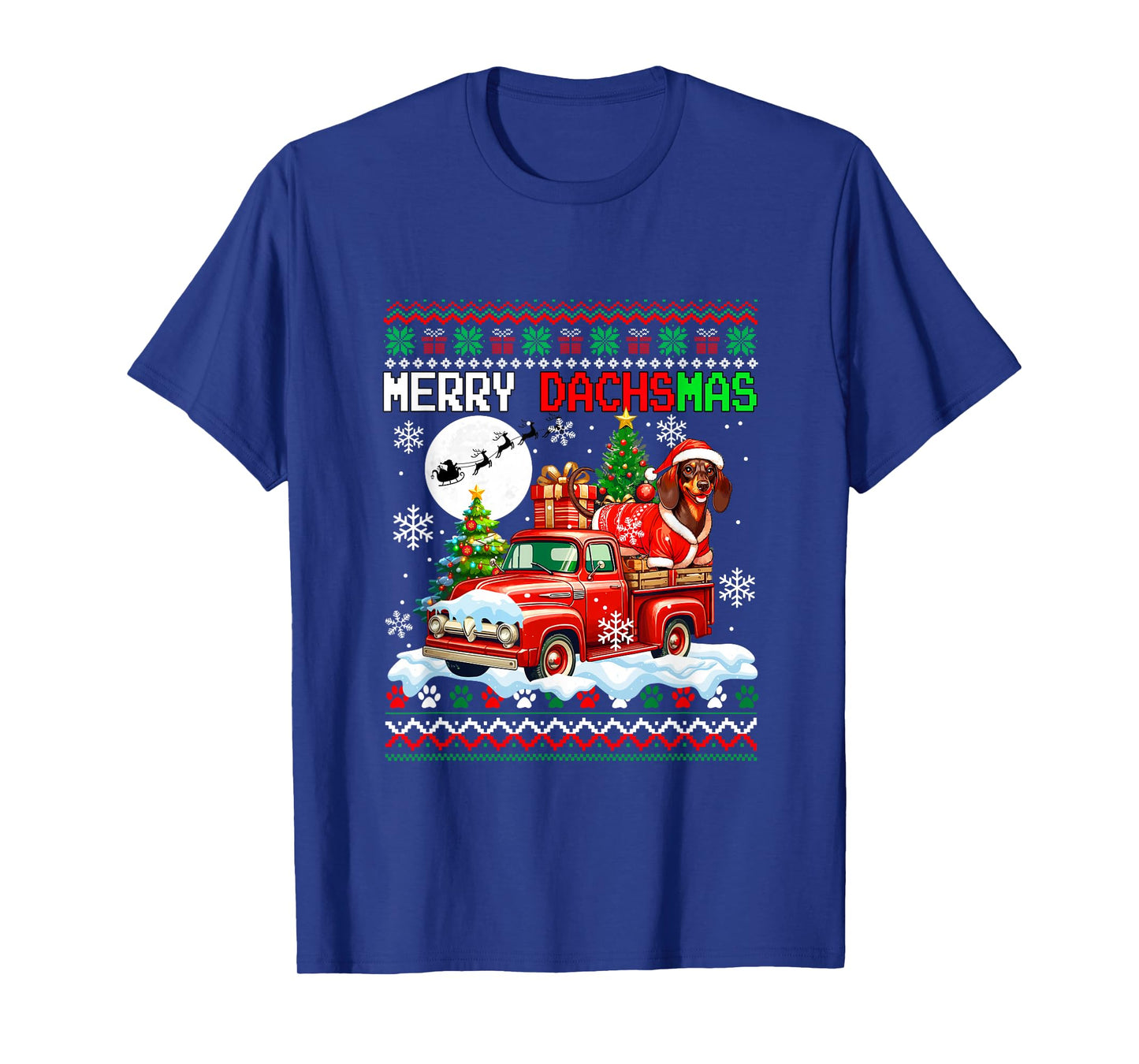 Merry Christmas Sweater Santa Dachshund On Pickup Truck T-Shirt