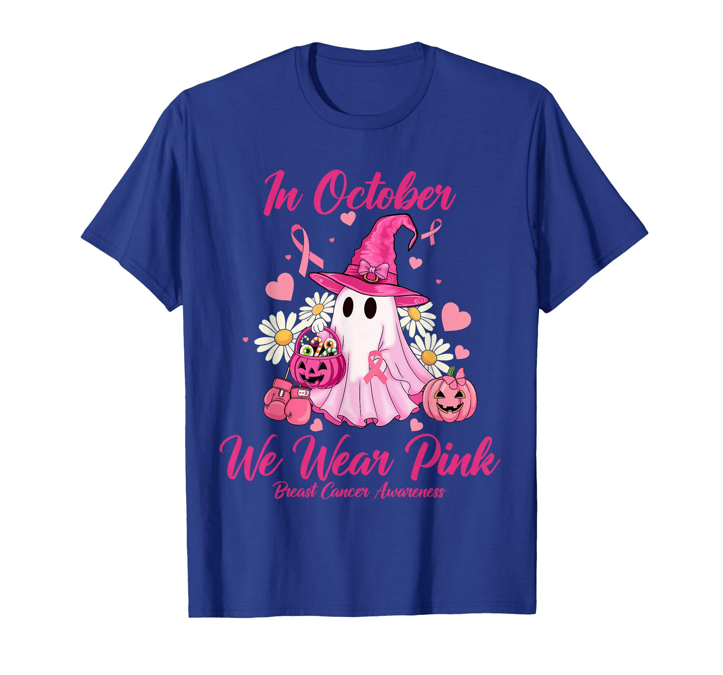in October We Wear Pink Ghost Witch Breast Cancer Awareness T-Shirt