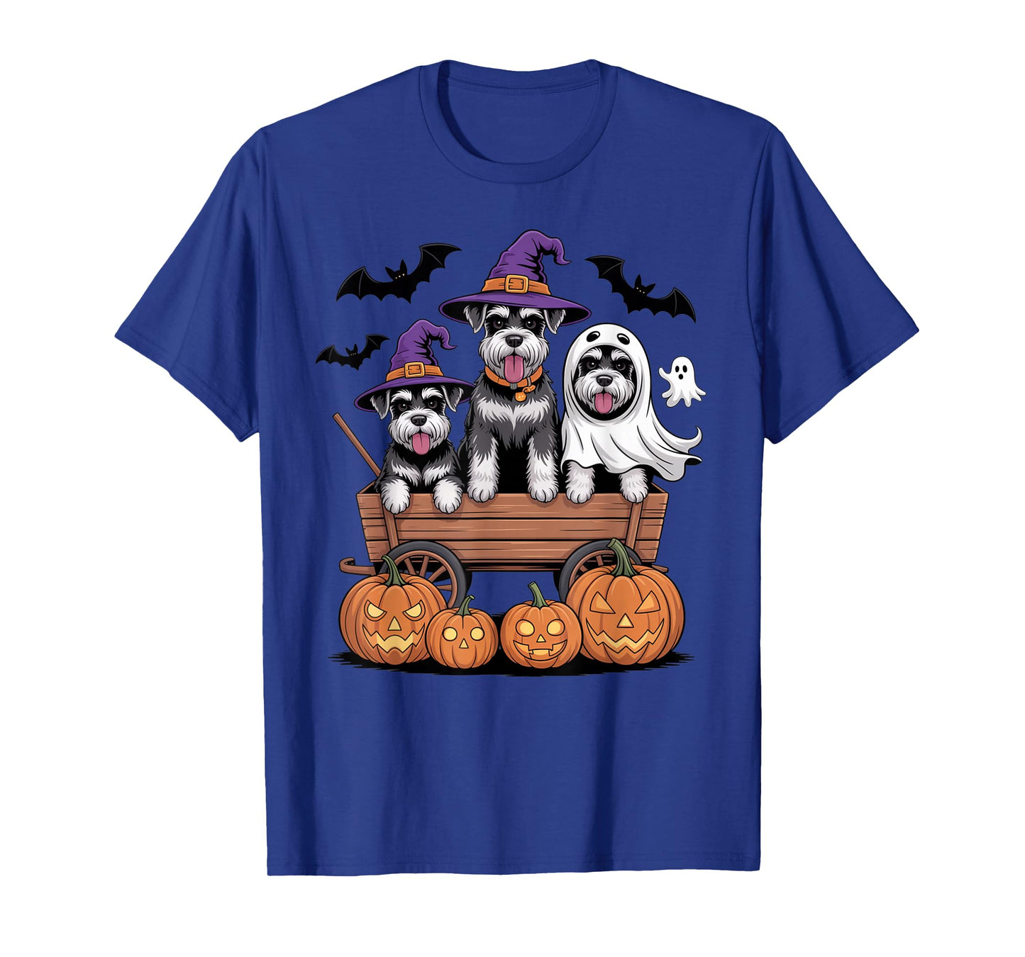 Schnauzer Halloween Wagon Witch Hats Ghost Bats Pumpkins T-Shirt