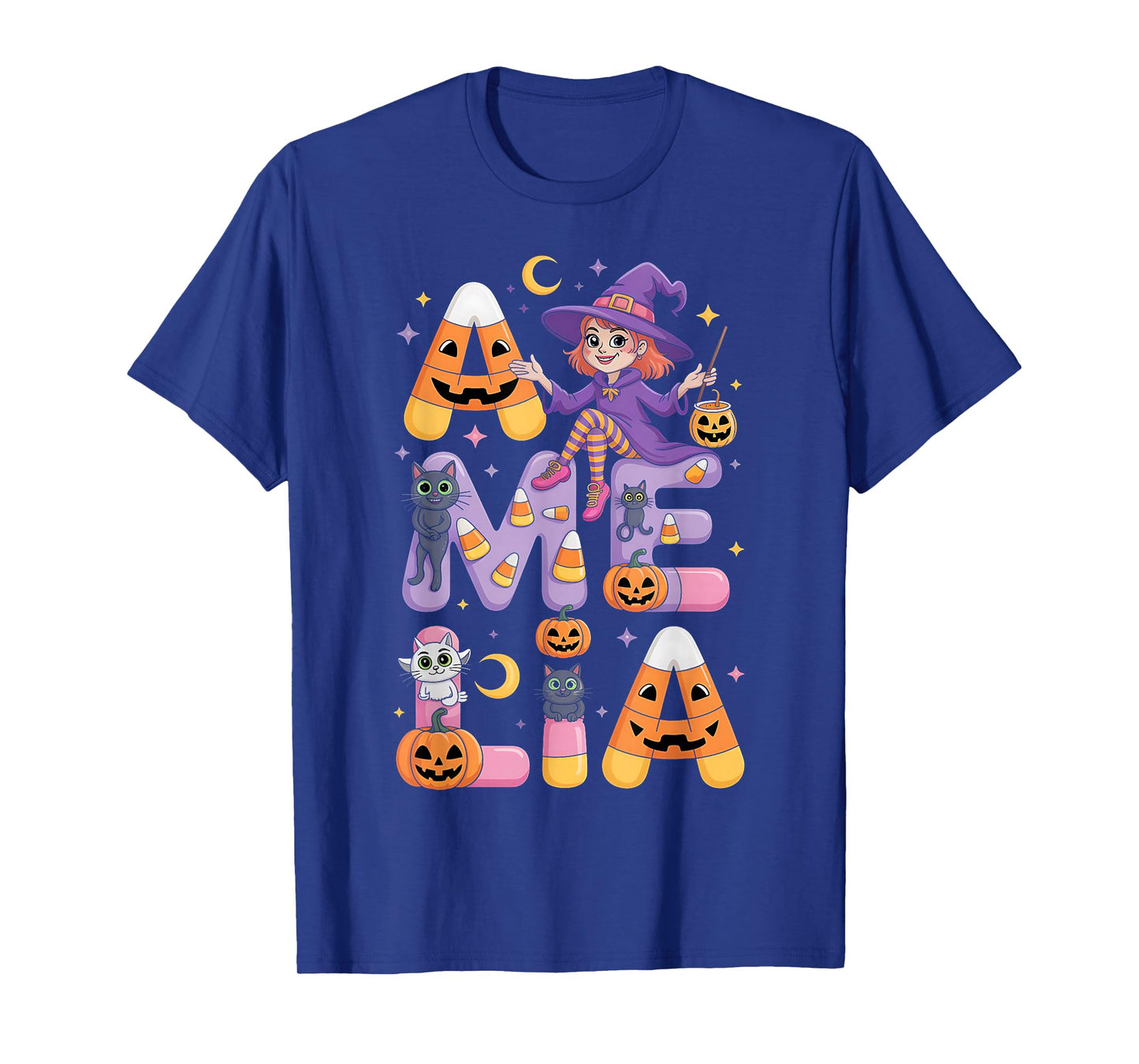 Amelia Witch Candy Corn Cat Halloween Women and Girls T-Shirt