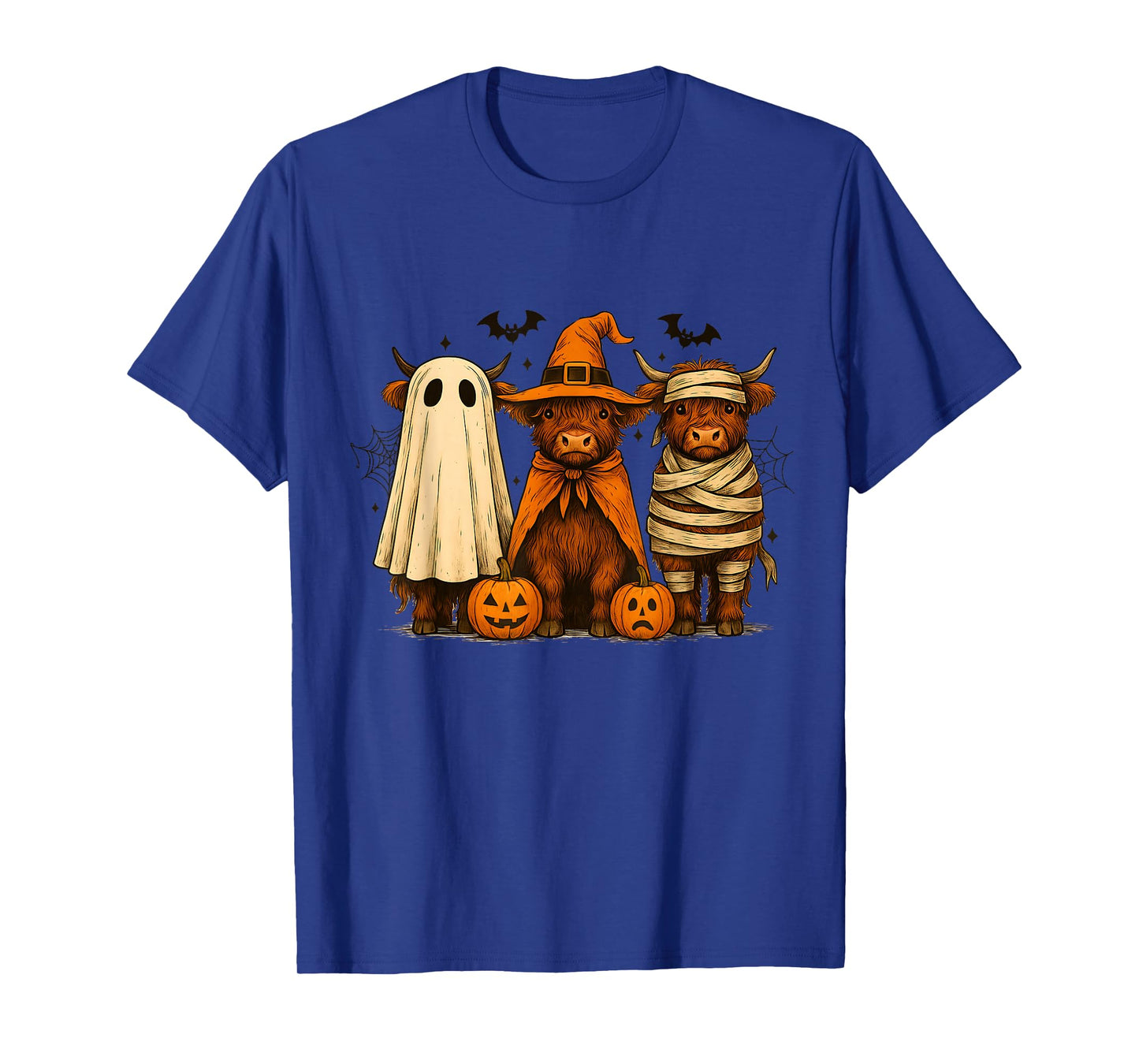 Retro Halloween Highland Cow Witch Spooky Pumpkin Women Men T-Shirt
