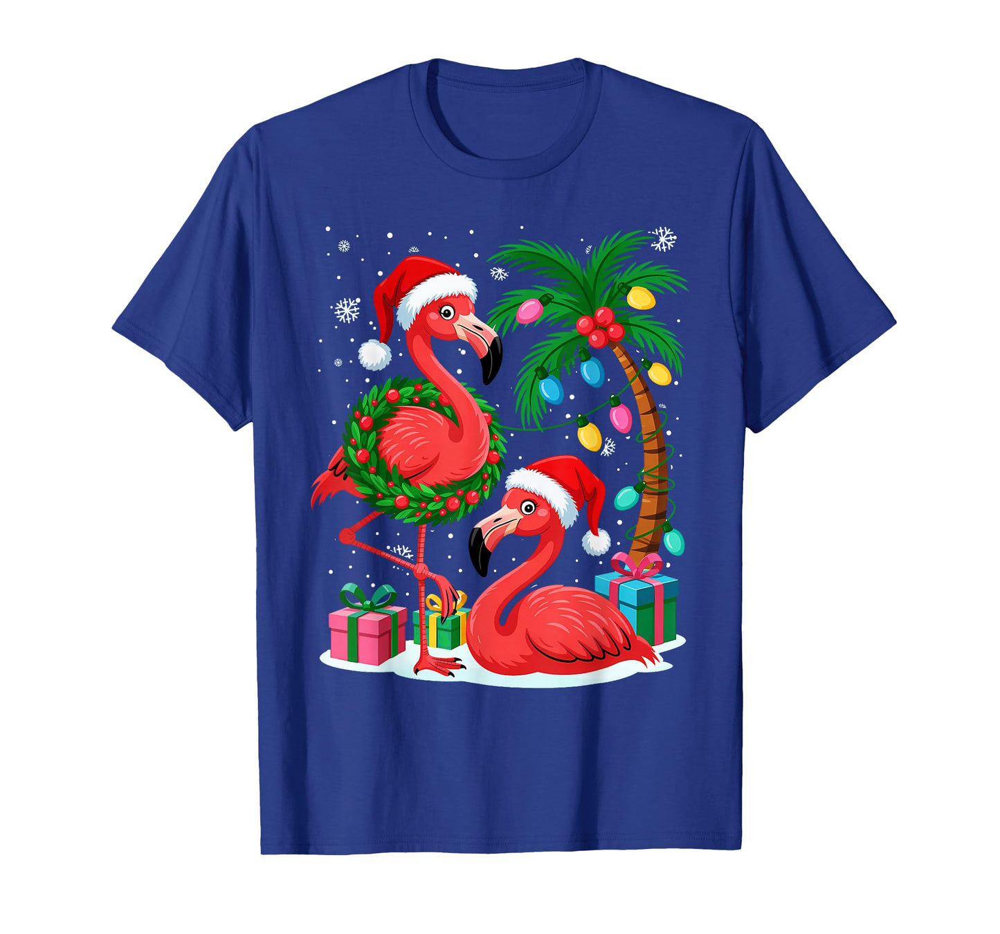 Christmas Flamingo Funny Santa by Sea Palm Tree Lights T-Shirt