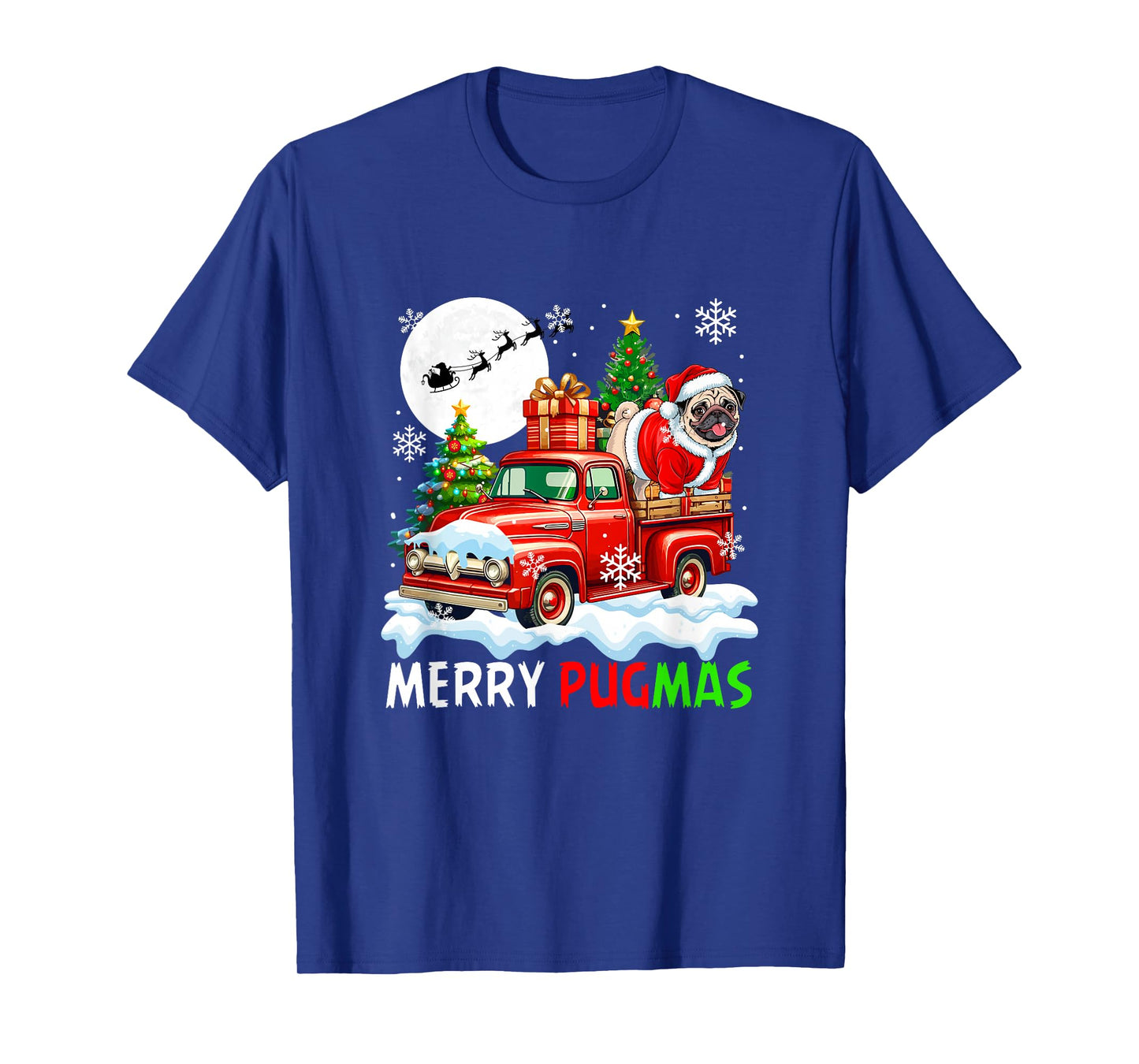 Merry Christmas Santa Pug On Pickup Truck Owner Kids Family T-Shirt