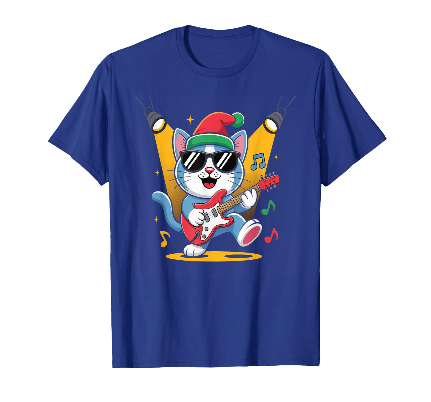 Christmas Santa Hat Cat Playing Guitar Rock and Roll T-Shirt