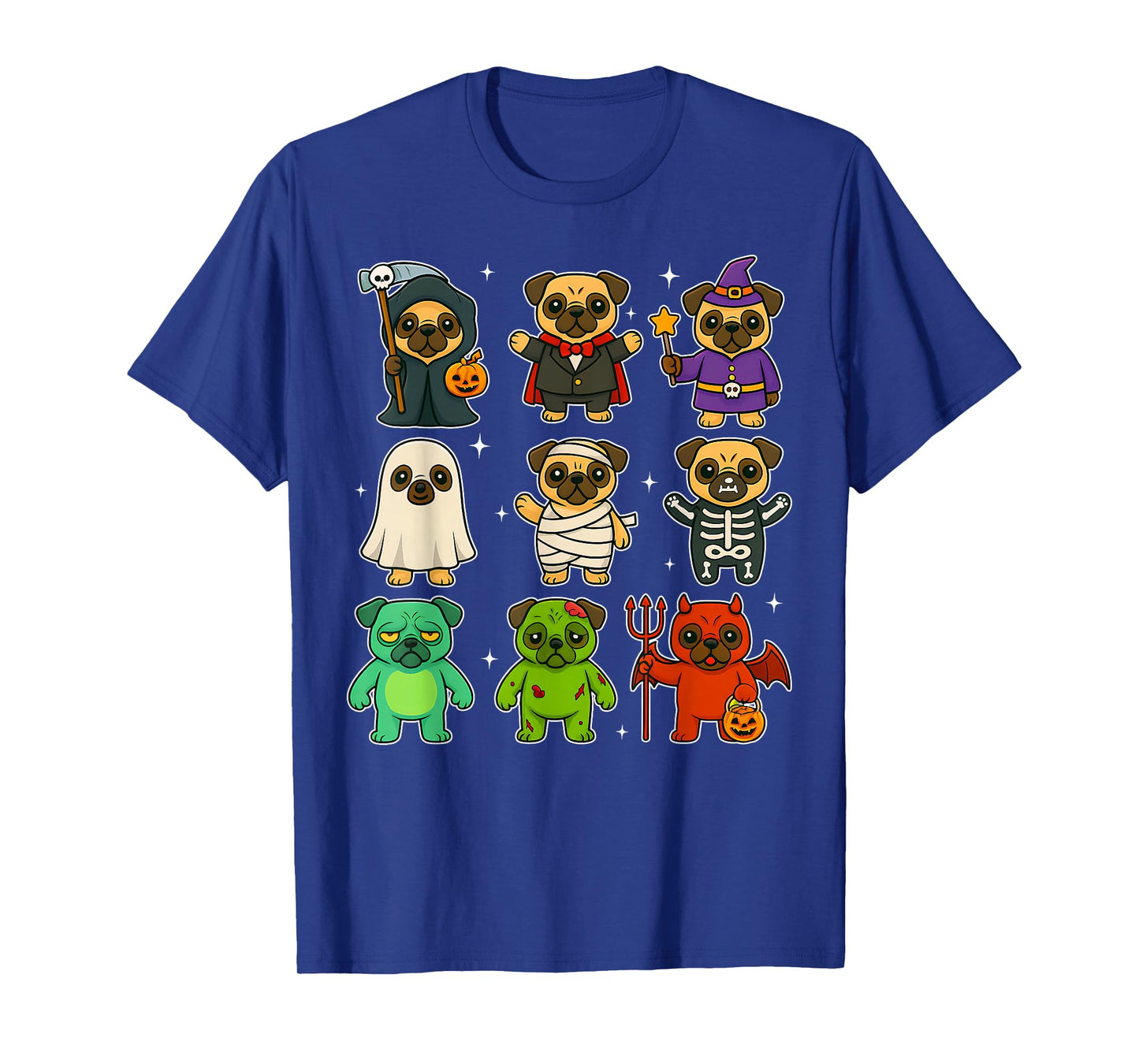 Cute Pug Dogs Witch Pumpkin Skeleton Costume Happy Halloween T-Shirt