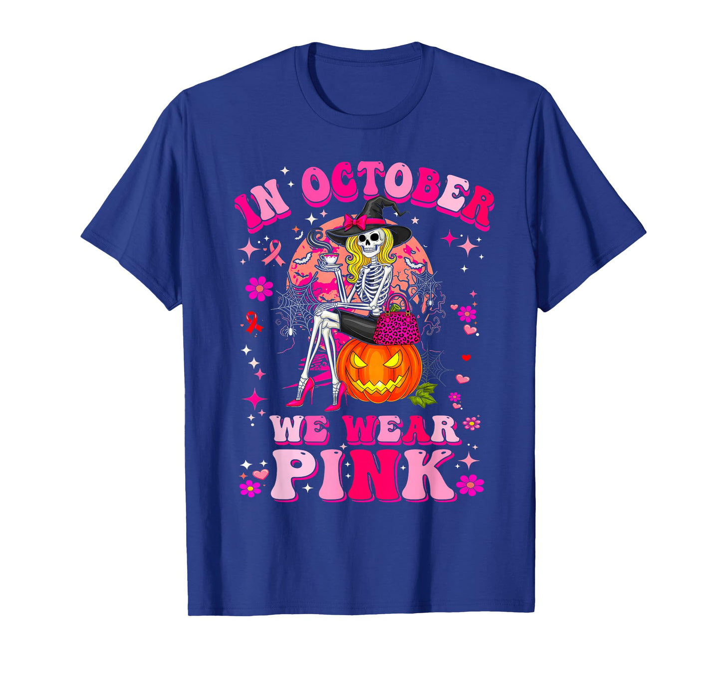 Halloween Breast Cancer Awareness Spooky Skeleton Witch T-Shirt