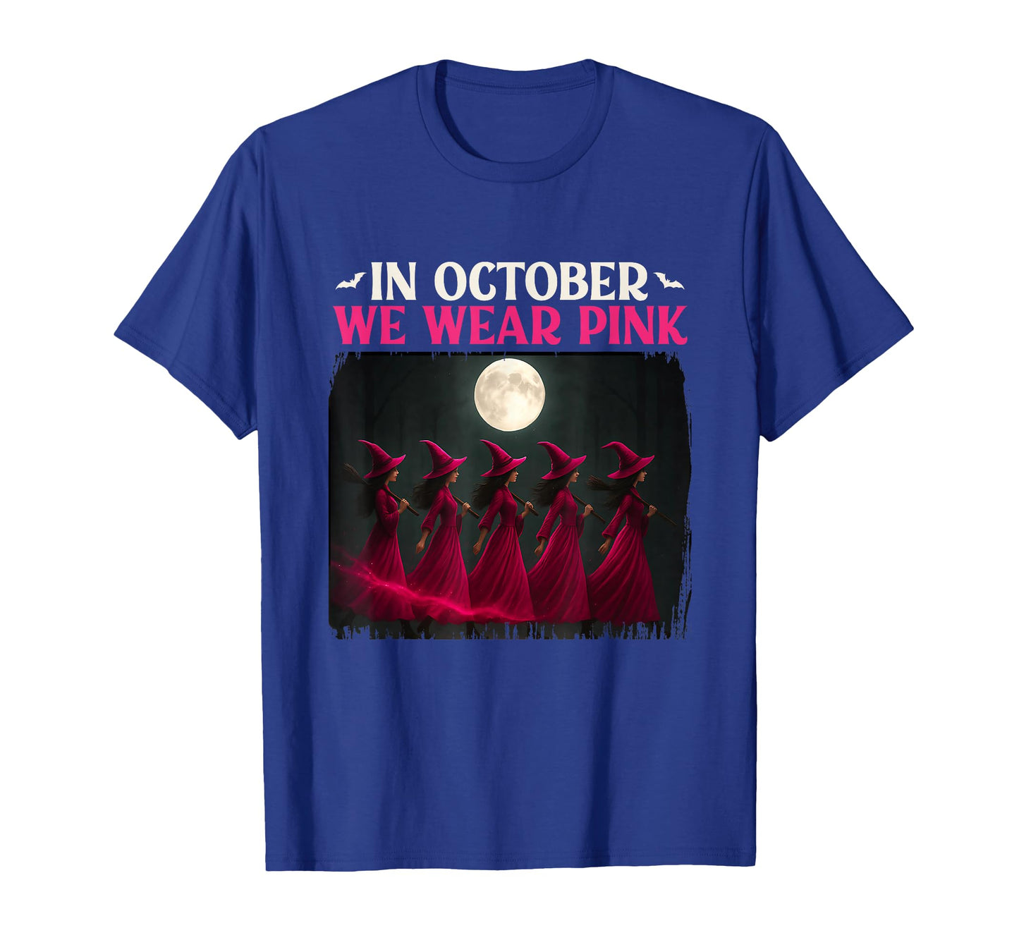 in October We Wear Pink Witch Breast Cancer Halloween Retro T-Shirt