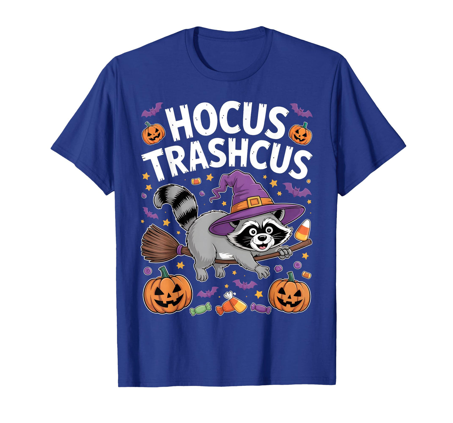 Hocus Trashcus Raccoon Witch Hat Broom Pumpkin Bat Halloween T-Shirt