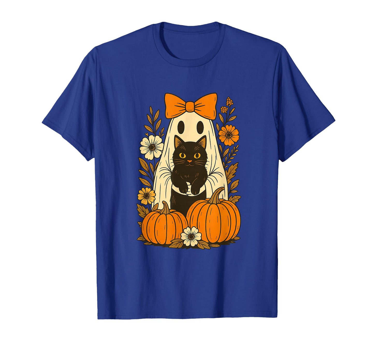Vintage Halloween Ghost Holding Black Cat Groovy Floral T-Shirt