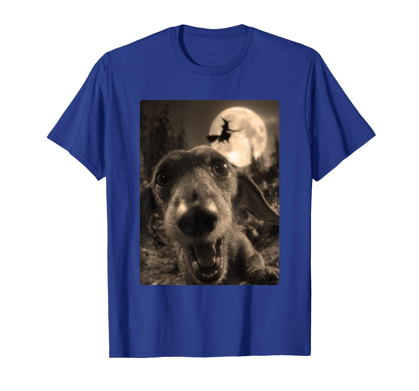Funny Dachshund Selfie Full Moon Flying Witch Halloween Dog T-Shirt