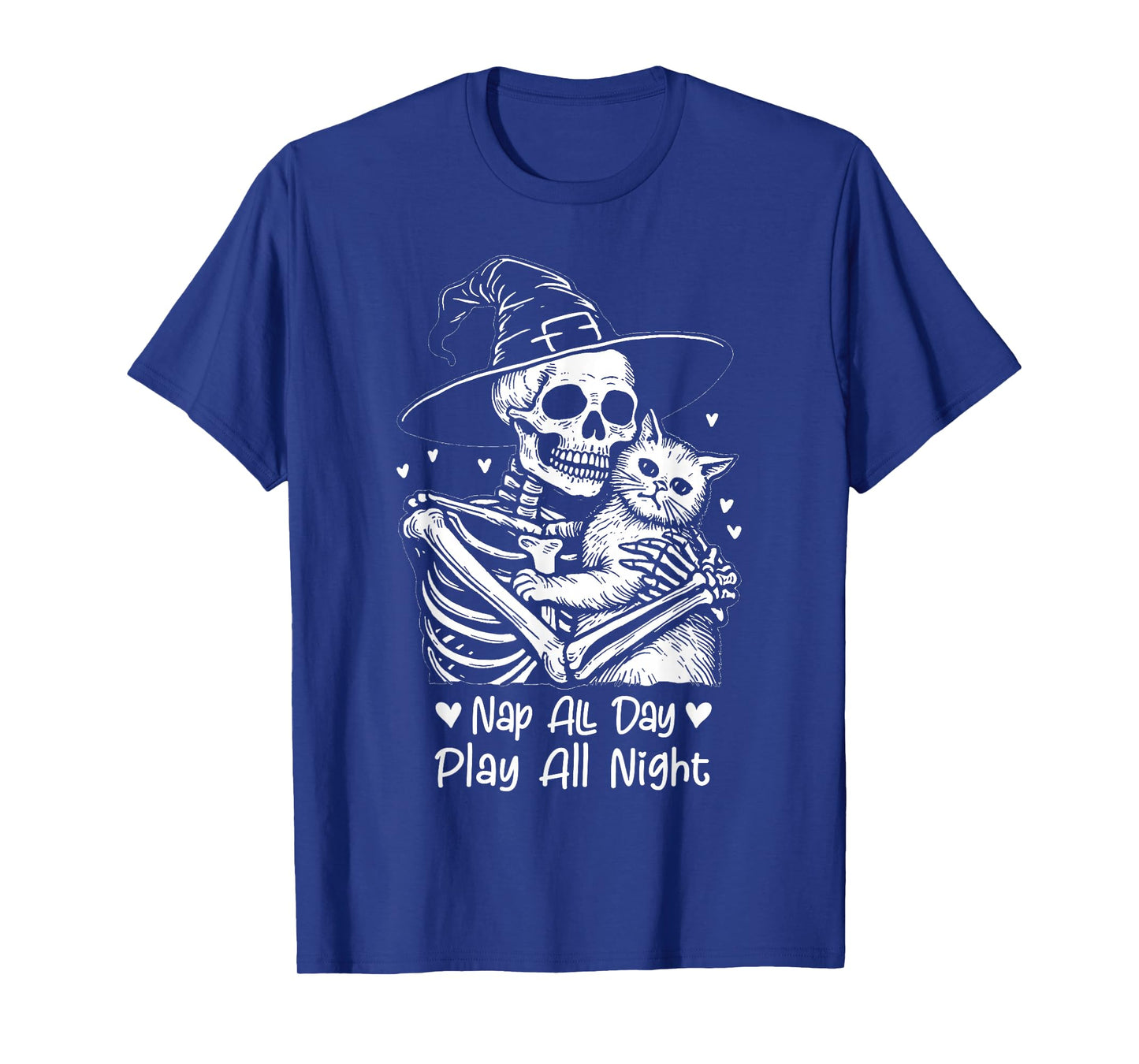 Nap All Day, Play All Night Funny Cat Halloween Skeleton T-Shirt