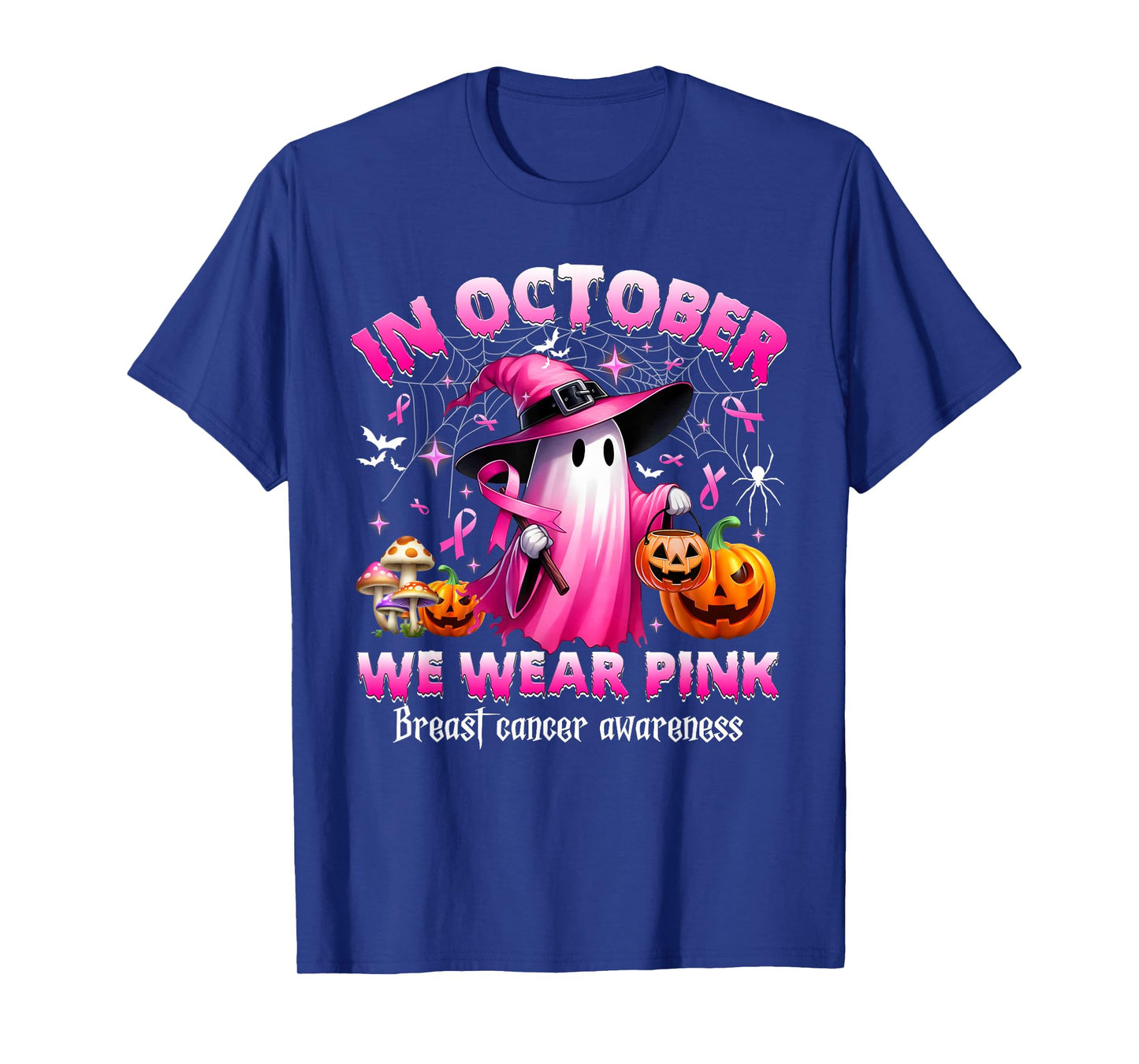 in October We Wear Pink Ghost Witch Breast Cancer Awareness T-Shirt
