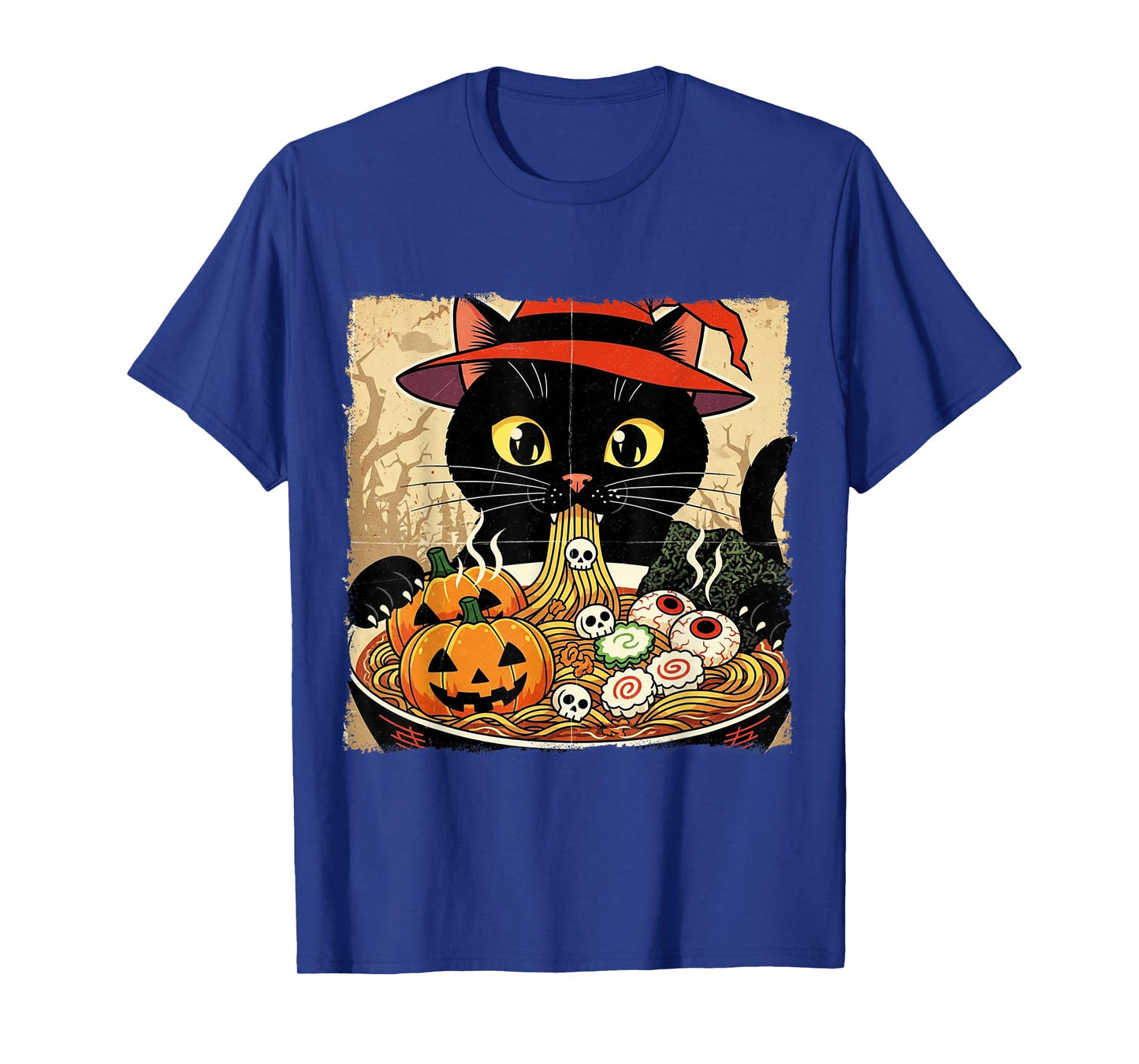 Black Cat Witch Hat Slurping Spooky Ramen Vintage Halloween T-Shirt