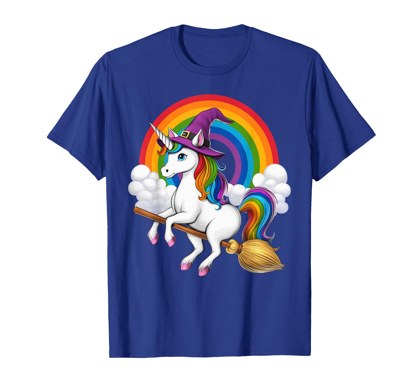 Unicorn Witch Riding Broom Halloween Wiccan Spooky Rainbow T-Shirt