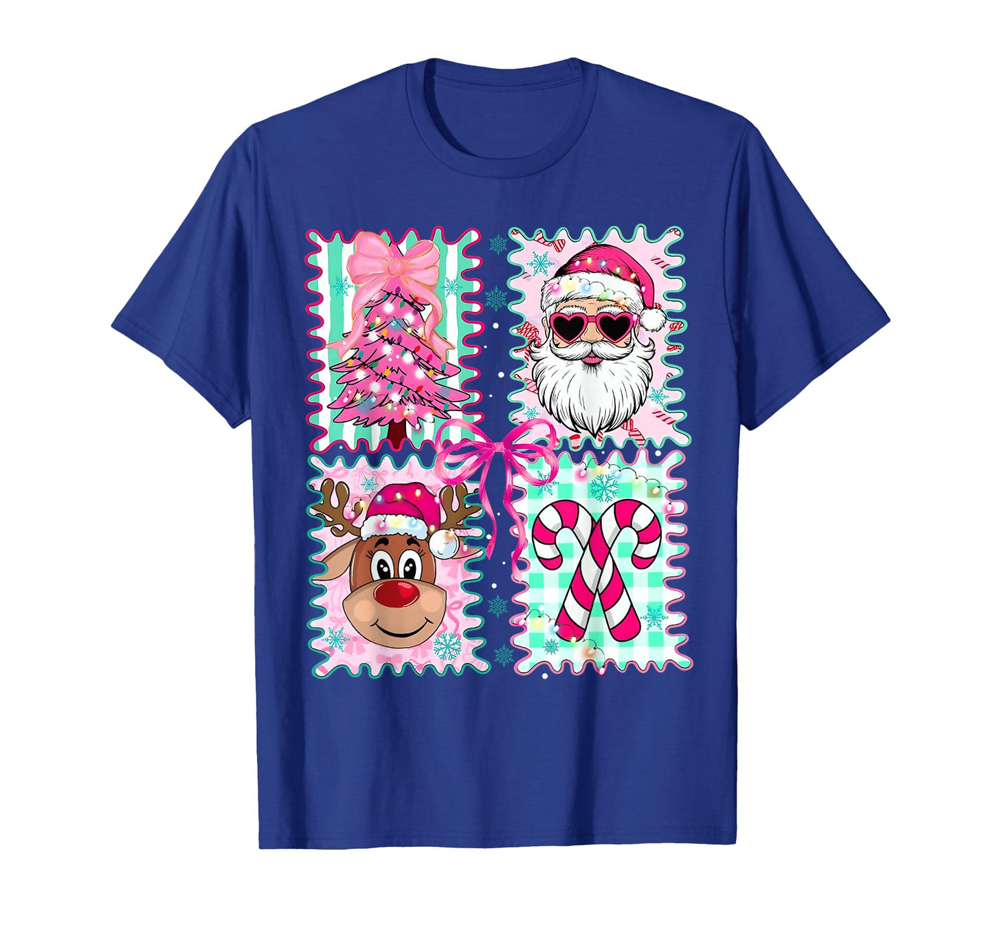 Merry Christmas Tree Santa Reindeer Candy Cane Bow Preppy T-Shirt