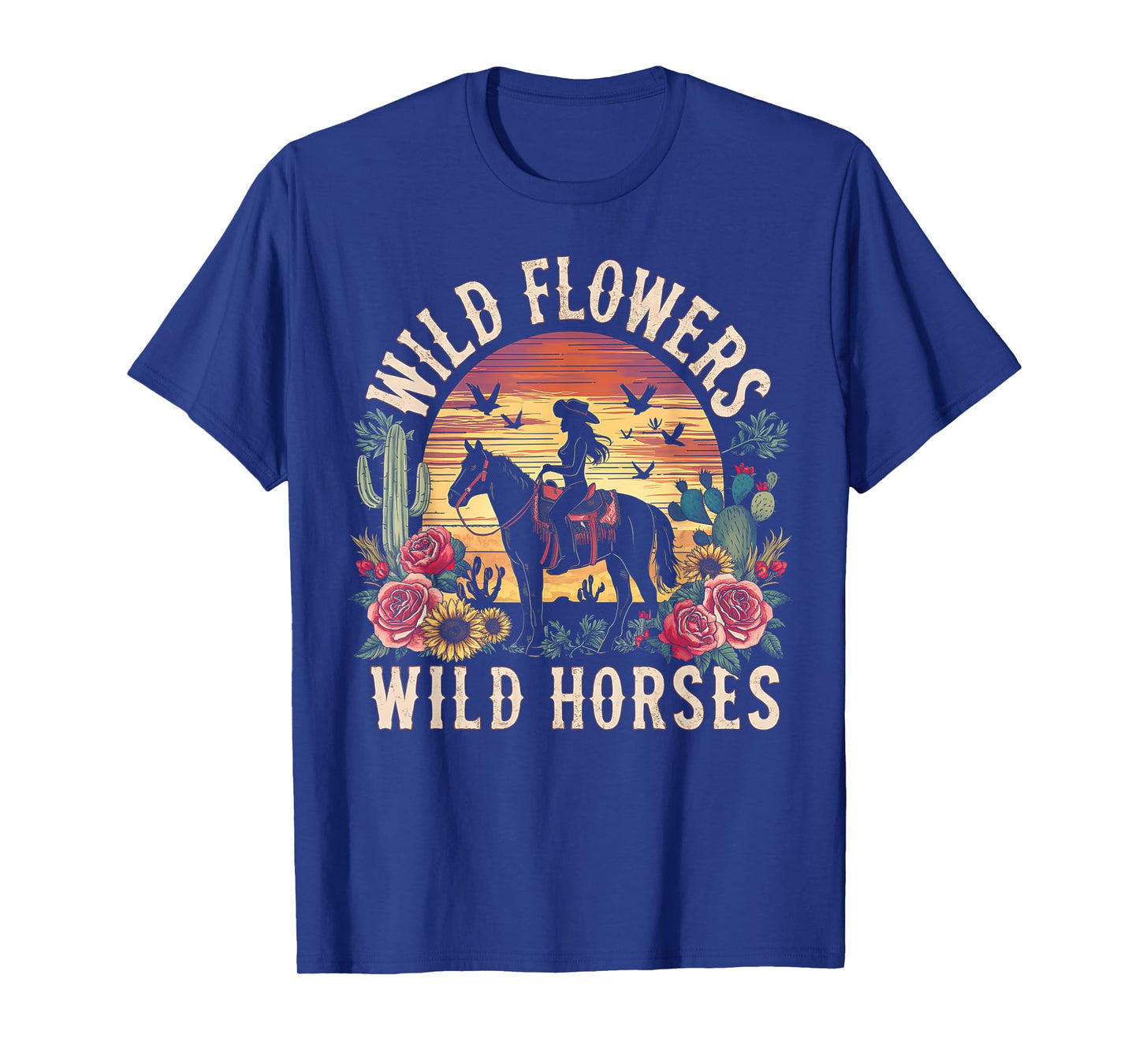 Retro Southern Sunset Cowgirl Wild Flowers Wild Horses T-Shirt
