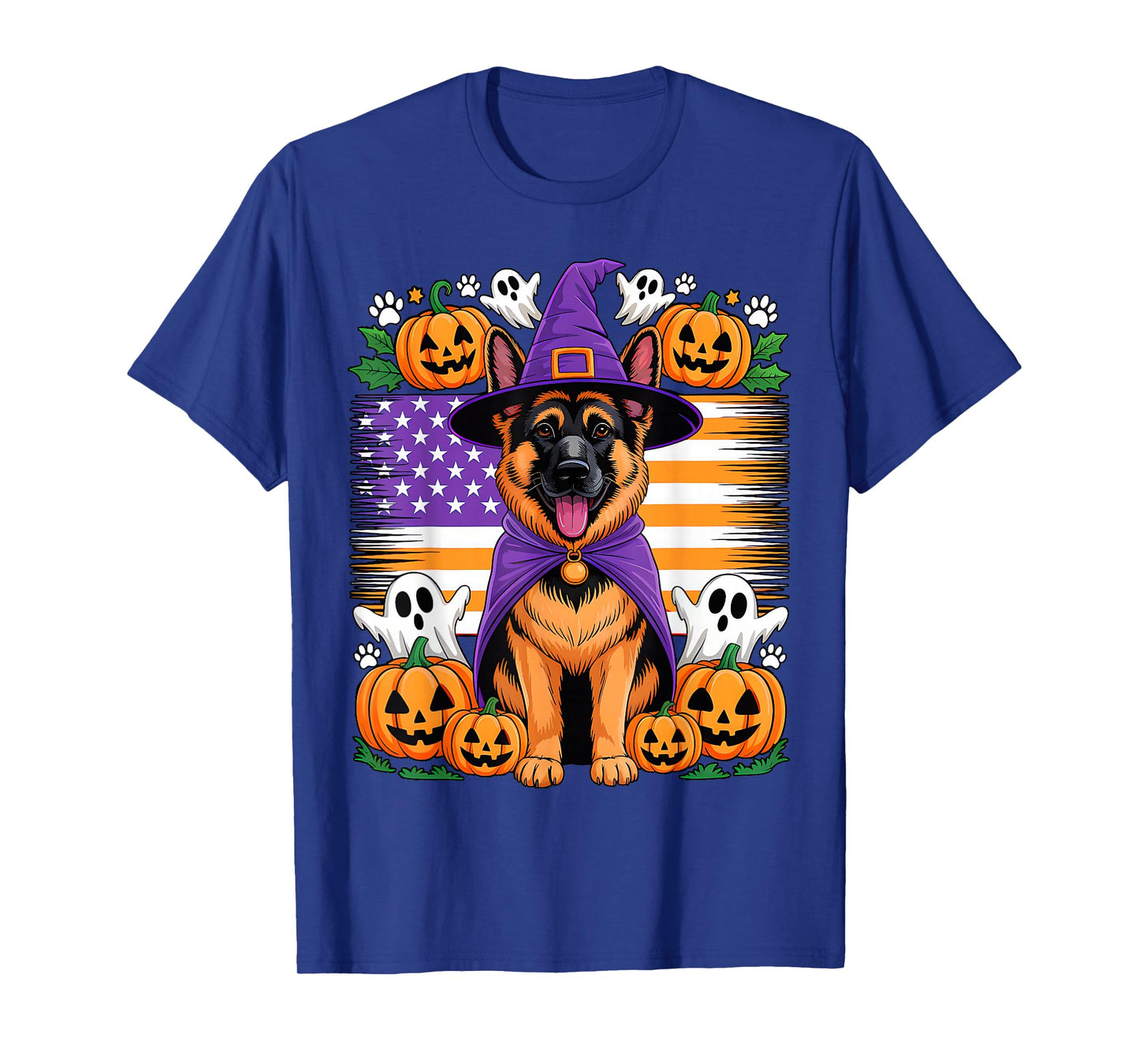 German Shepherd Cosplay Witch Halloween Owner Horror US Flag T-Shirt