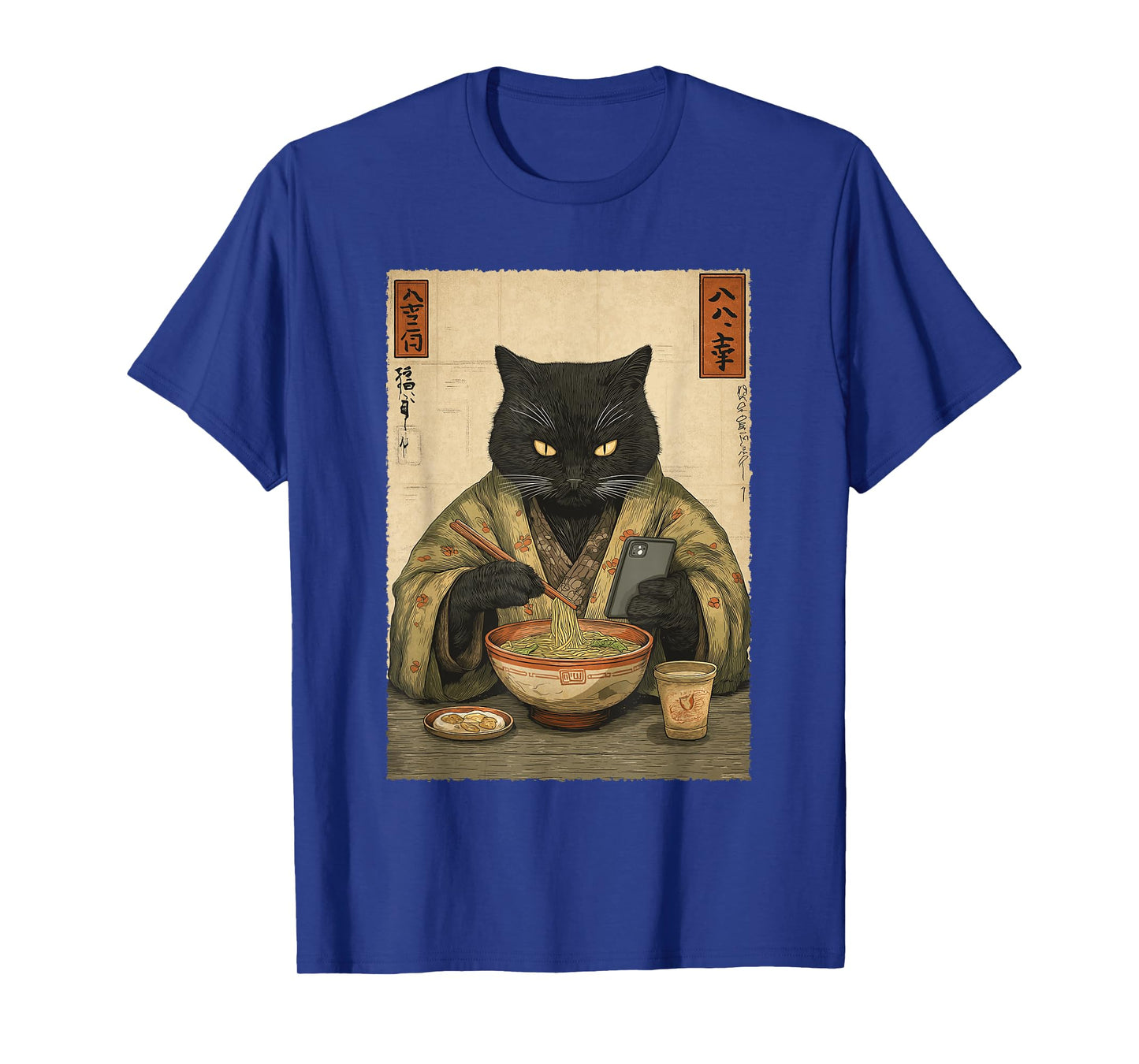 Samurai Cat Eat Ramen Scroll Phone Japanese Food Humor Art T-Shirt