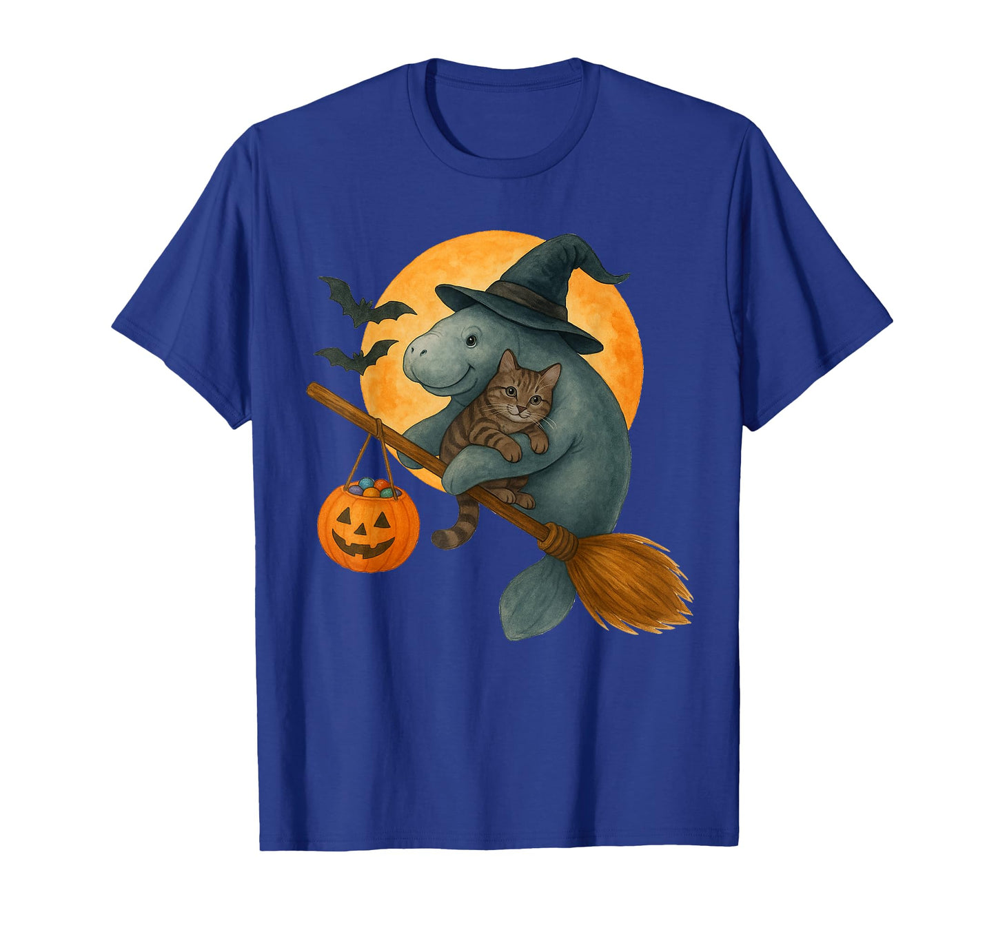 Funny Manatee Witch Hat Black Cat Pumpkin Halloween Costume T-Shirt