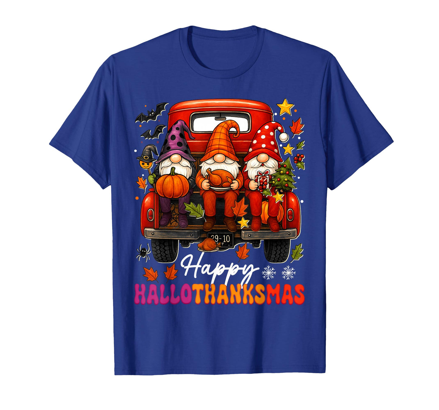 Happy Hallothanksmas Gnomes Truck Halloween Merry Christmas T-Shirt