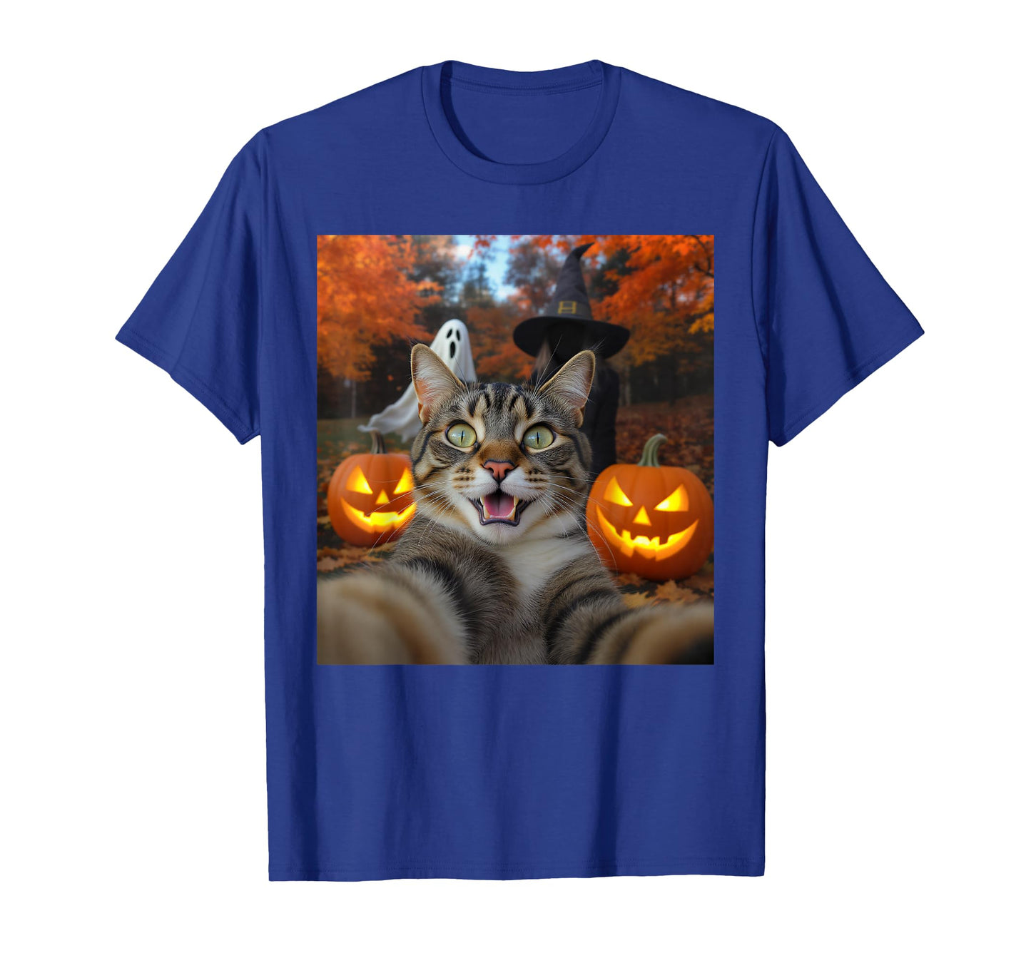 Funny Cat Selfie with a Witch & Ghost Scary Halloween T-Shirt