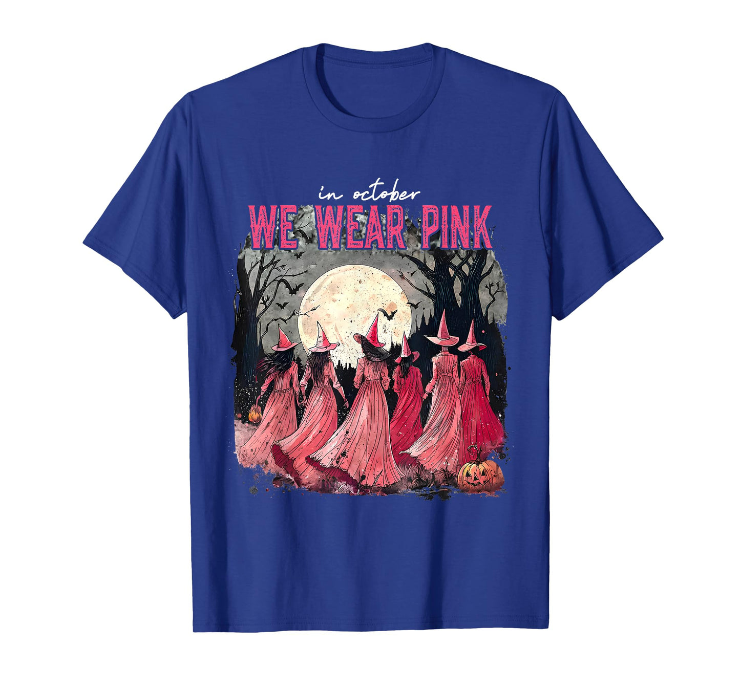 in October We Wear Pink Halloween Salem Witch Breast Cancer T-Shirt