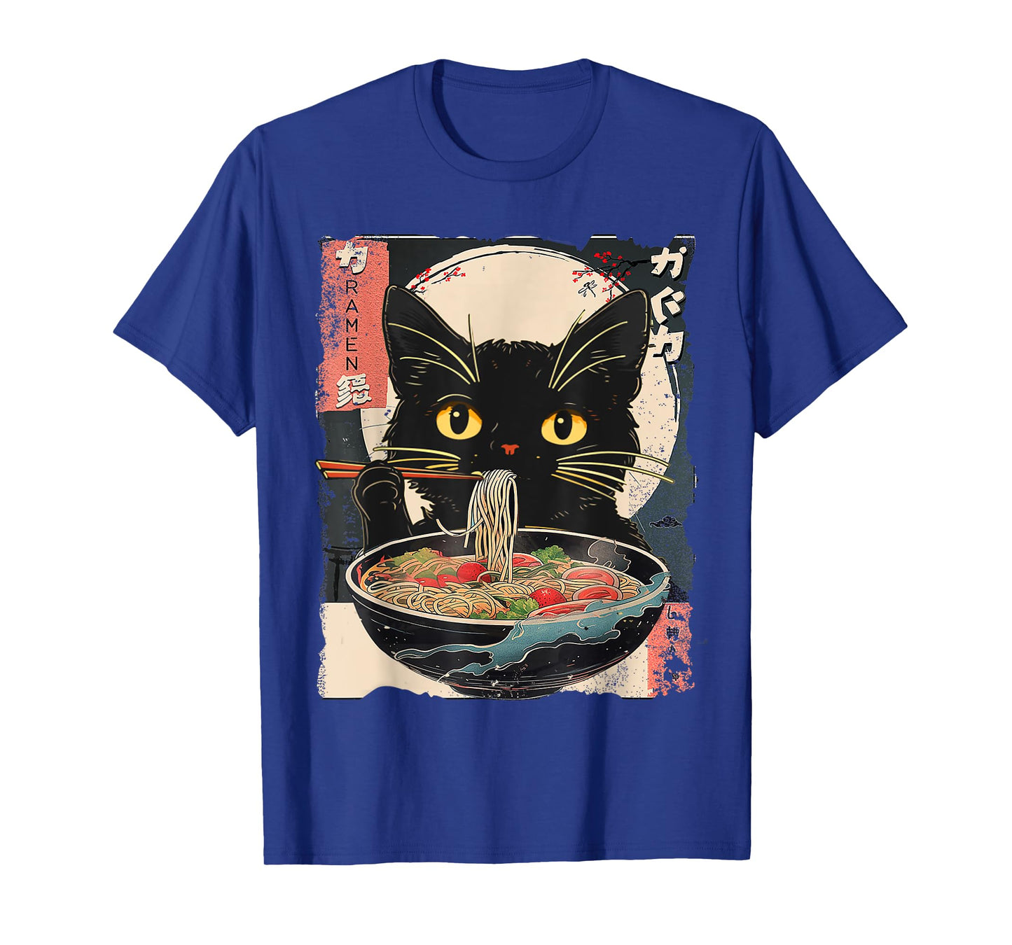 Kawaii Cat Ramen Noodles Anime Gifts Funny Cat Eating Ramen Vintage Japanese Noodles Unisex-Adult T-Shirt, Black, Small, Short Sleeve, T-Shirt, All Seasons