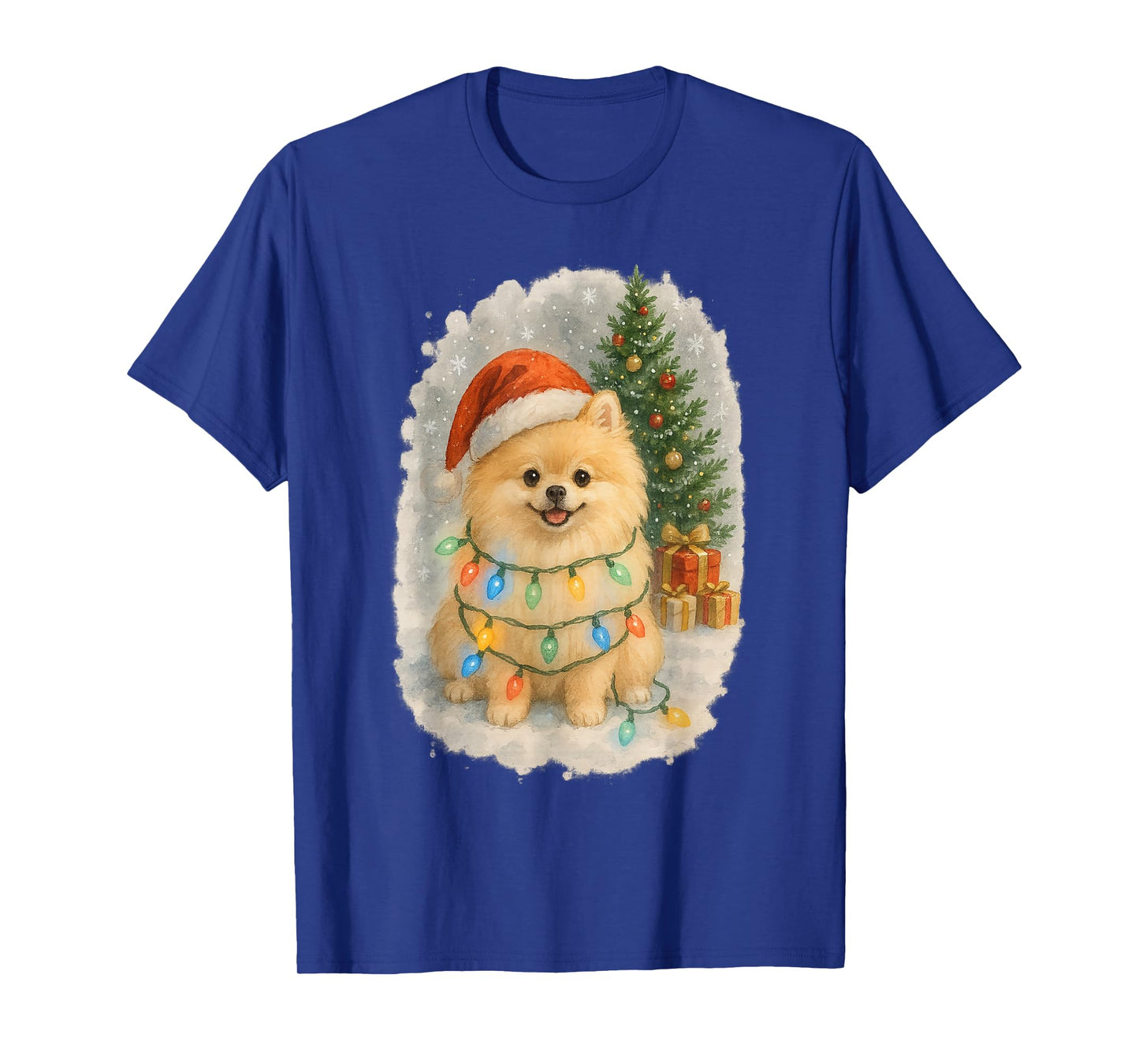 Cute Santa Pomeranian Dog Tangled in Christmas Lights Winter T-Shirt