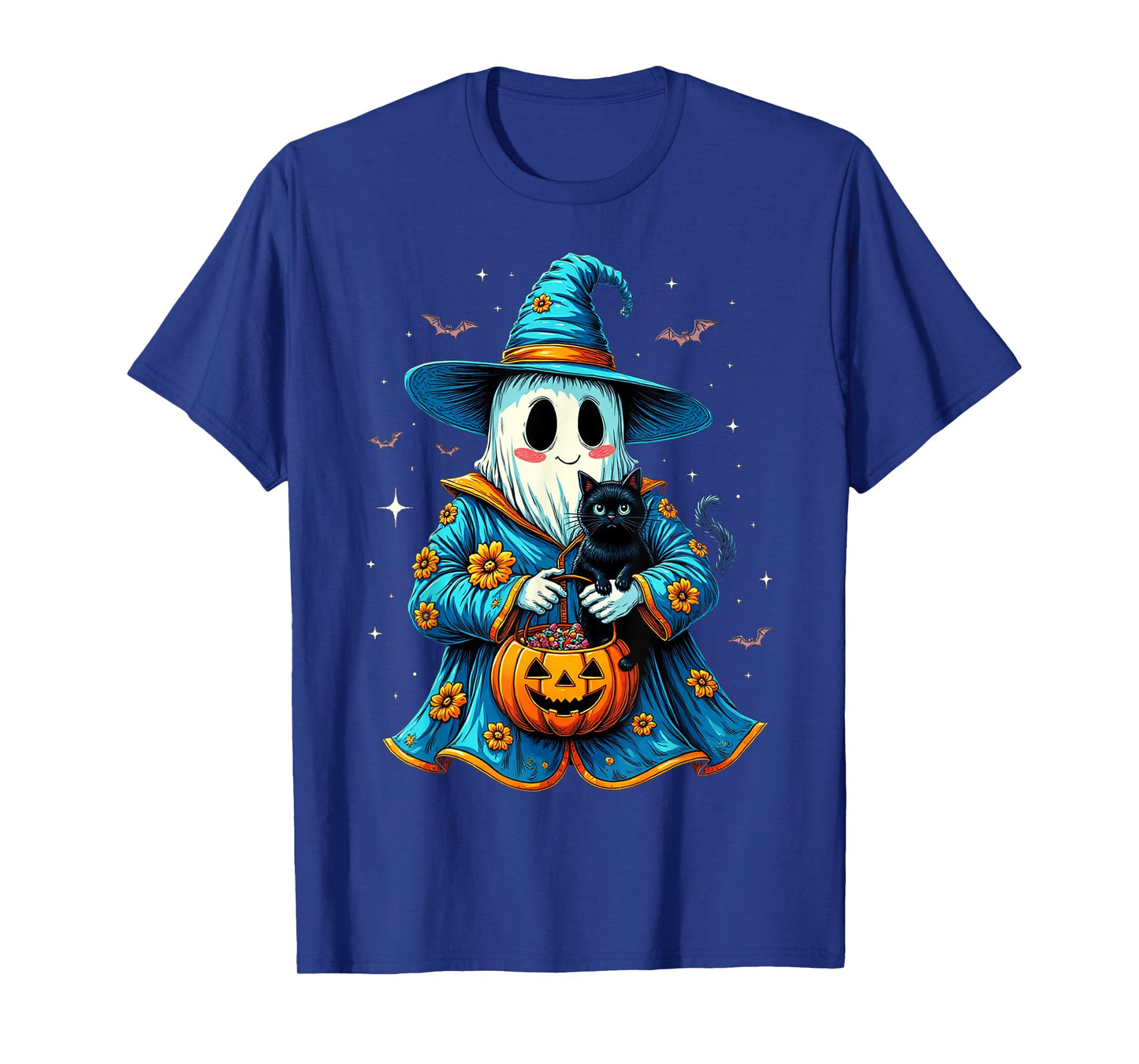 Ghost Holding Black Cat Lover Halloween 2025 Groovy Floral T-Shirt