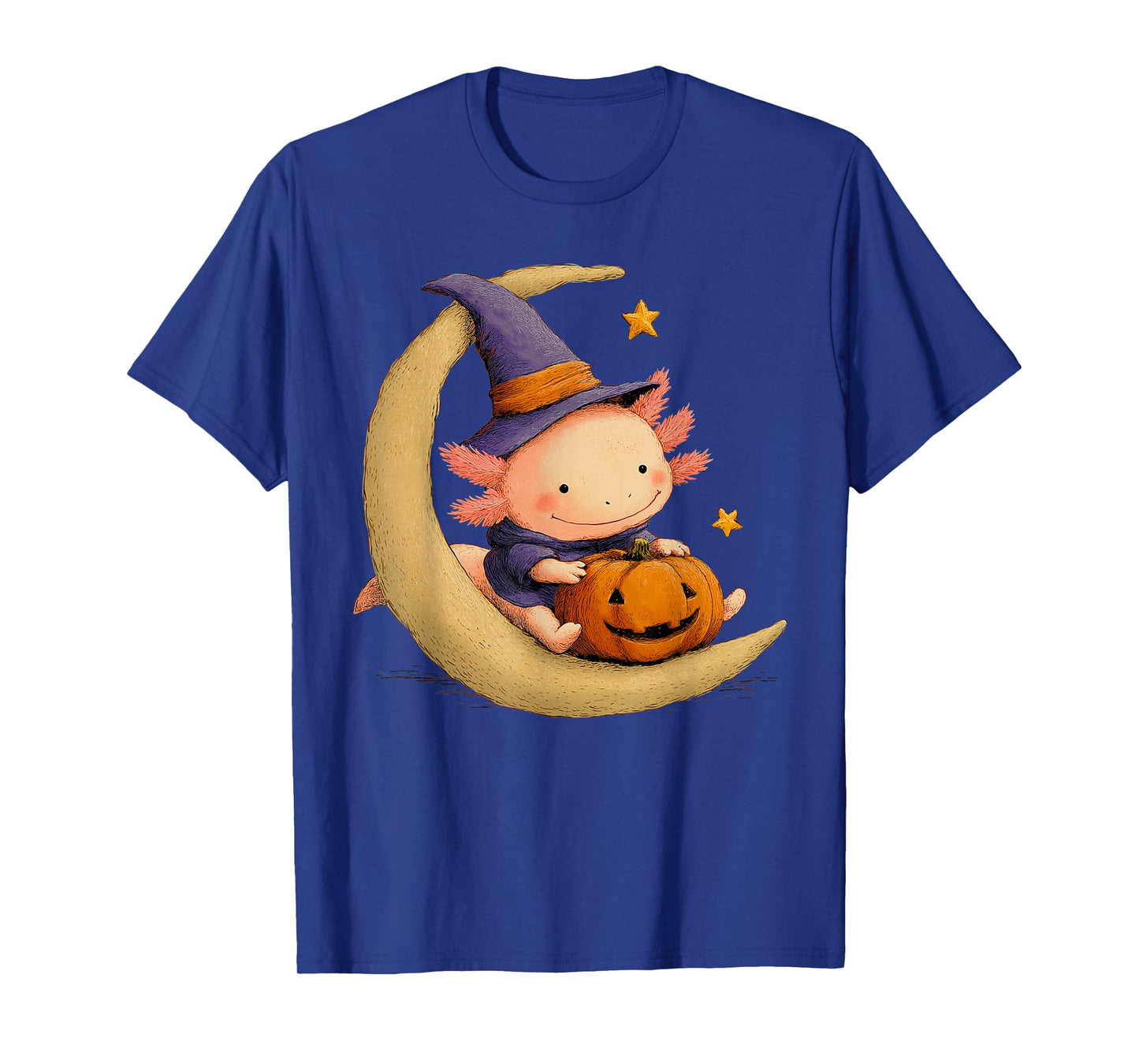 Cute Axolotl Spooky Witch on The Moon Pumpkin Face Kids Girl T-Shirt