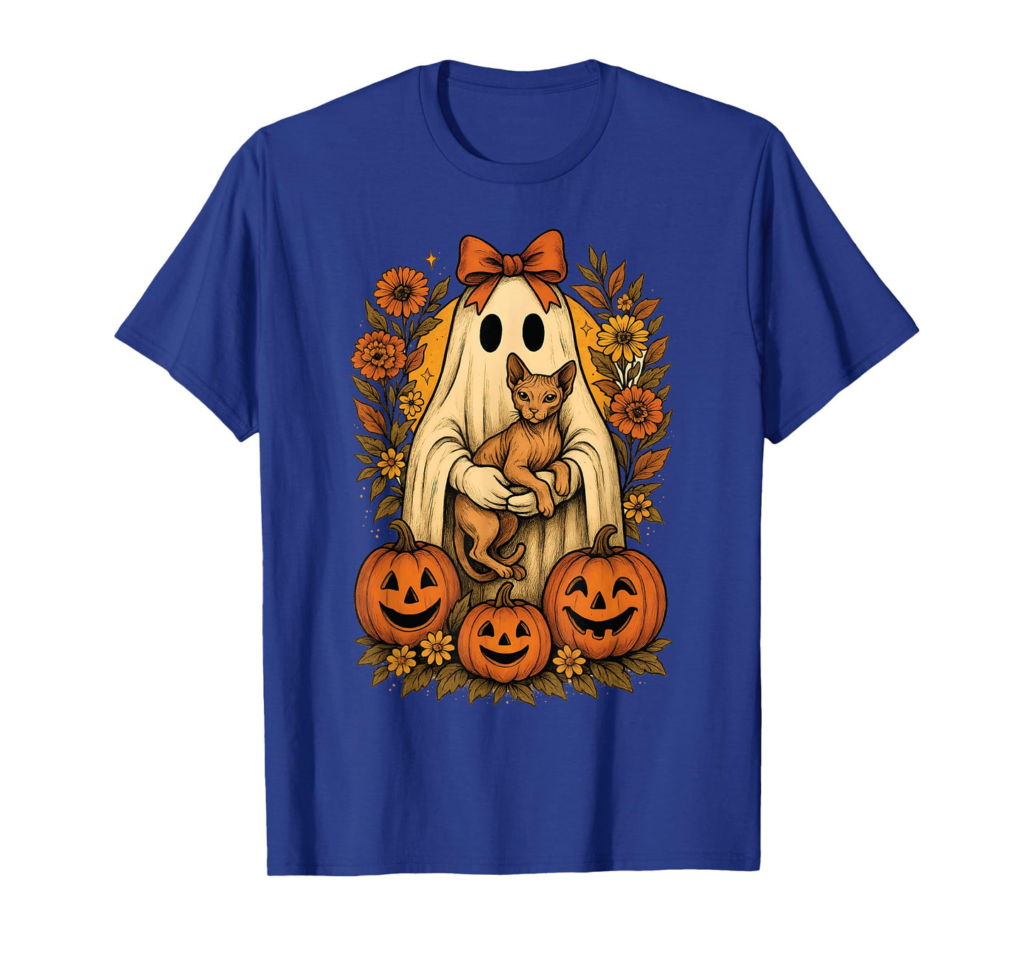 Vintage Ghost Holding Sphynx Cat with Pumpkins Halloween T-Shirt