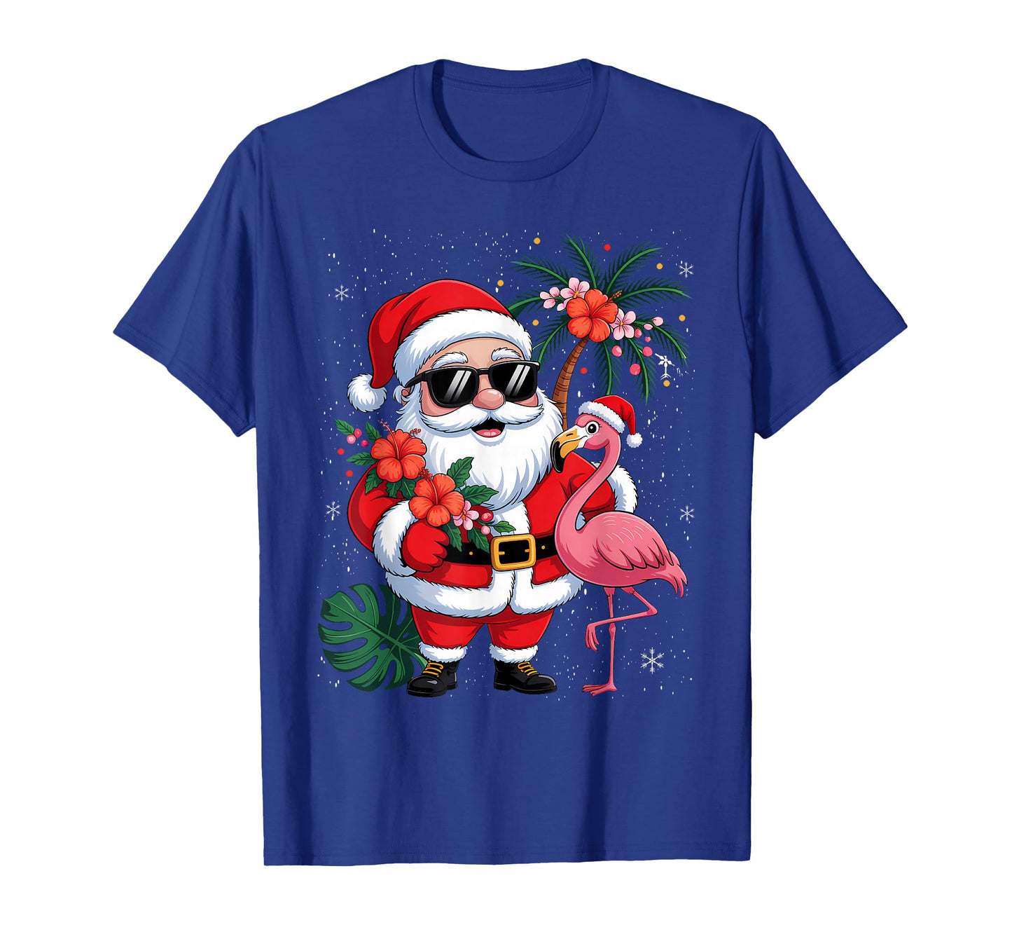 Santa Flamingo Palm Tree Funny Floral Retro Hawaii Christmas T-Shirt