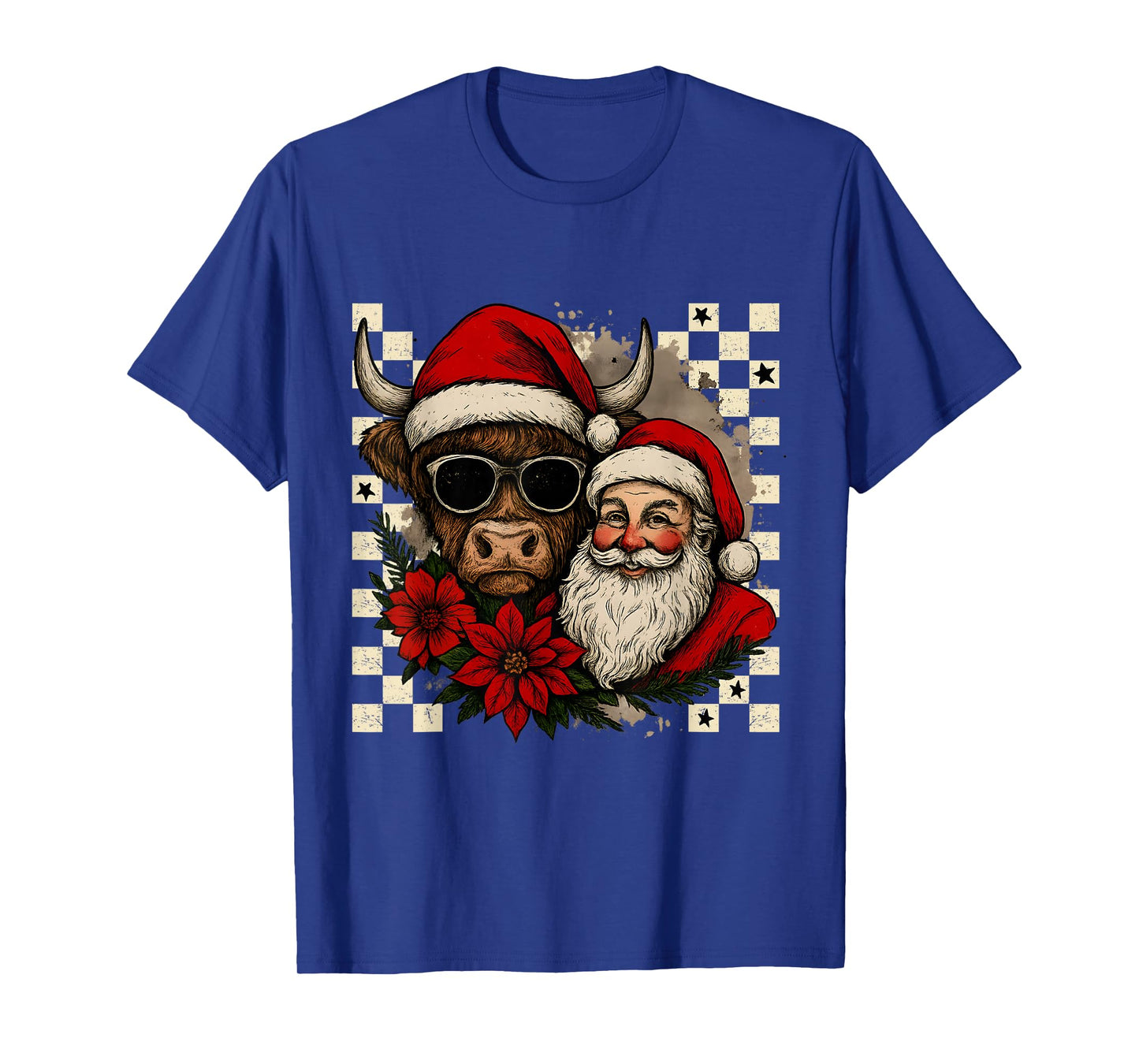 Highland Cow Christmas Checkered Retro Vintage T-Shirt