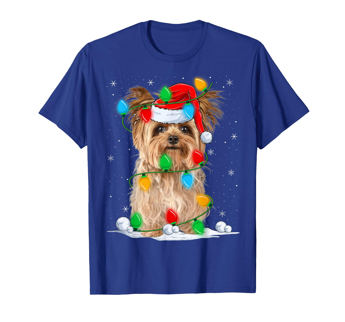 Yorkshire Terrier Dog Christmas Lights Funny Santa Hat Xmas T-Shirt