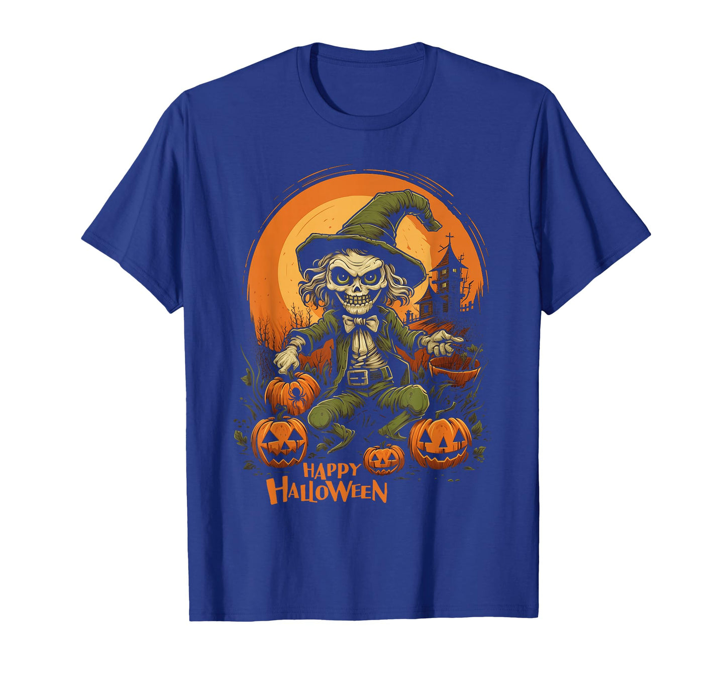 Skeleton Witch and Pumpkin Scene Spooky Halloween Design T-Shirt