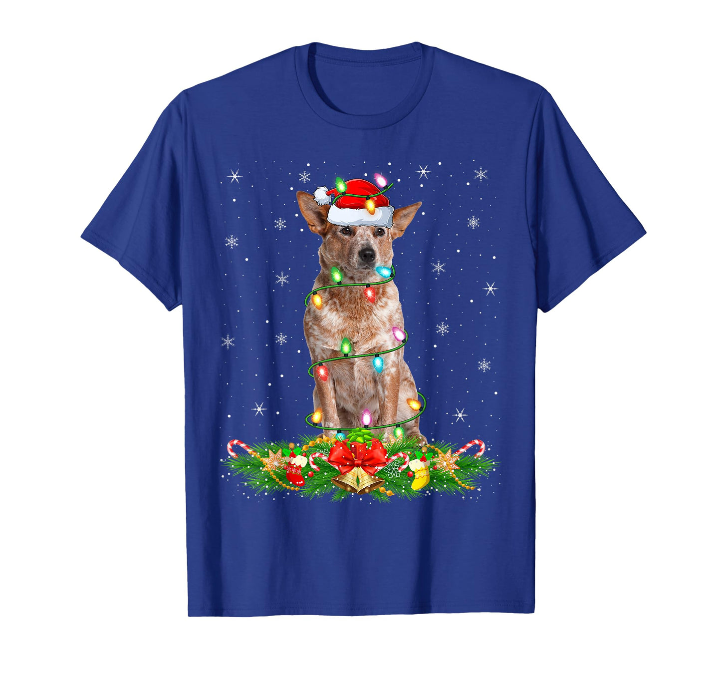 Australian Cattle Dog Christmas Lights Funny Santa Hat Xmas T-Shirt